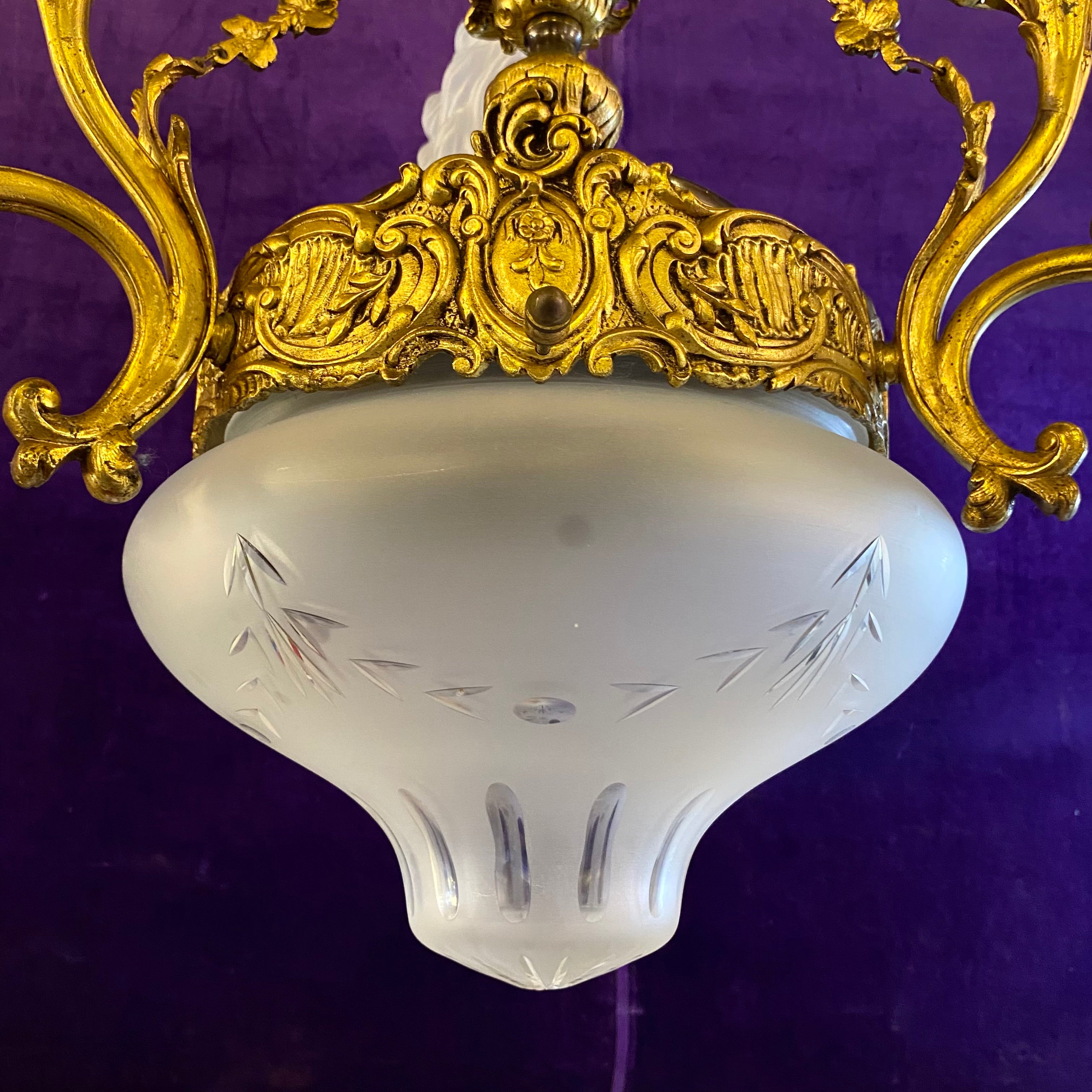 Rare Gilt Empire Chandelier with Original Etched Glass Shades - SOLD