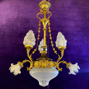 Rare Gilt Empire Chandelier with Original Etched Glass Shades