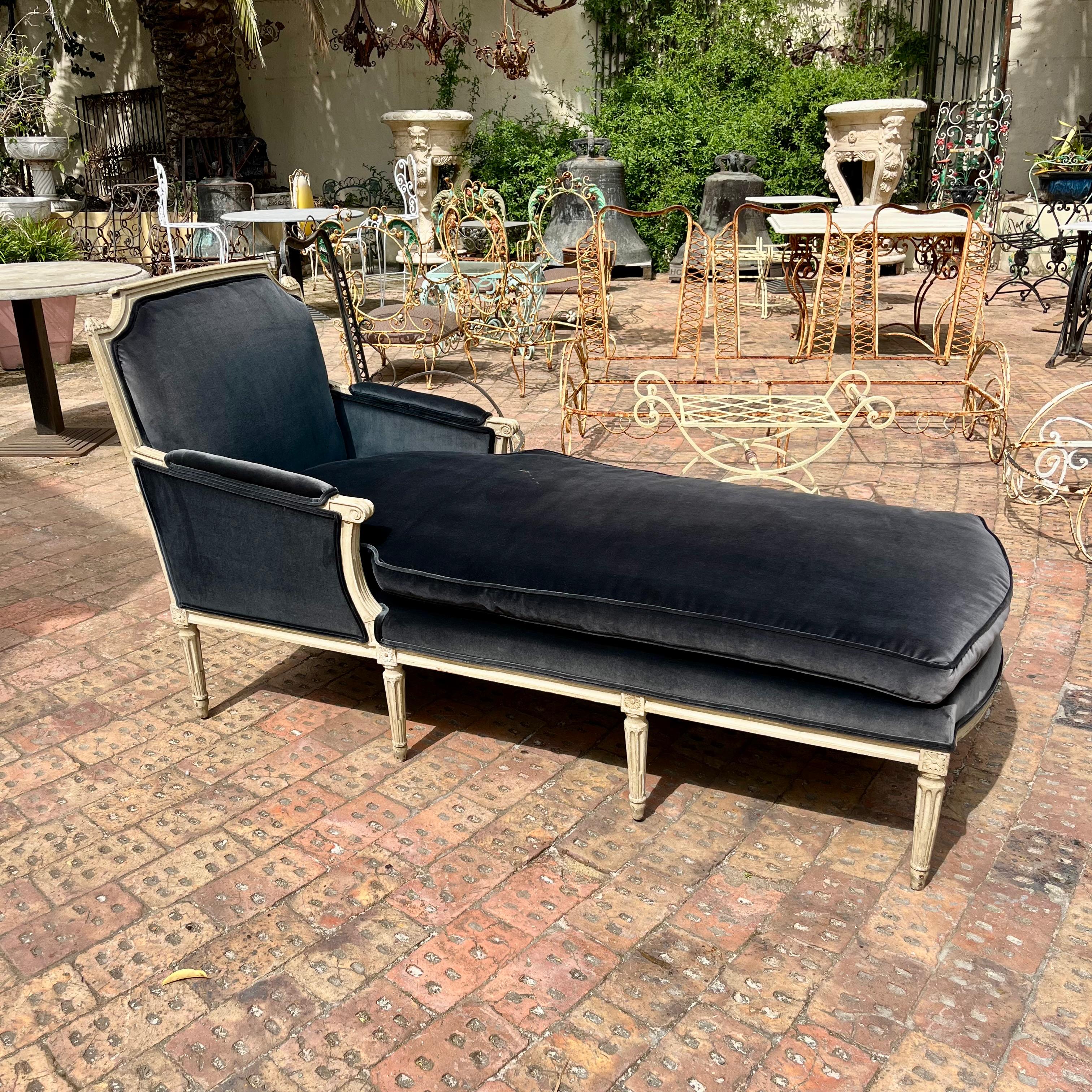 French Chaise Lounge in Aged Charcoal Velvet