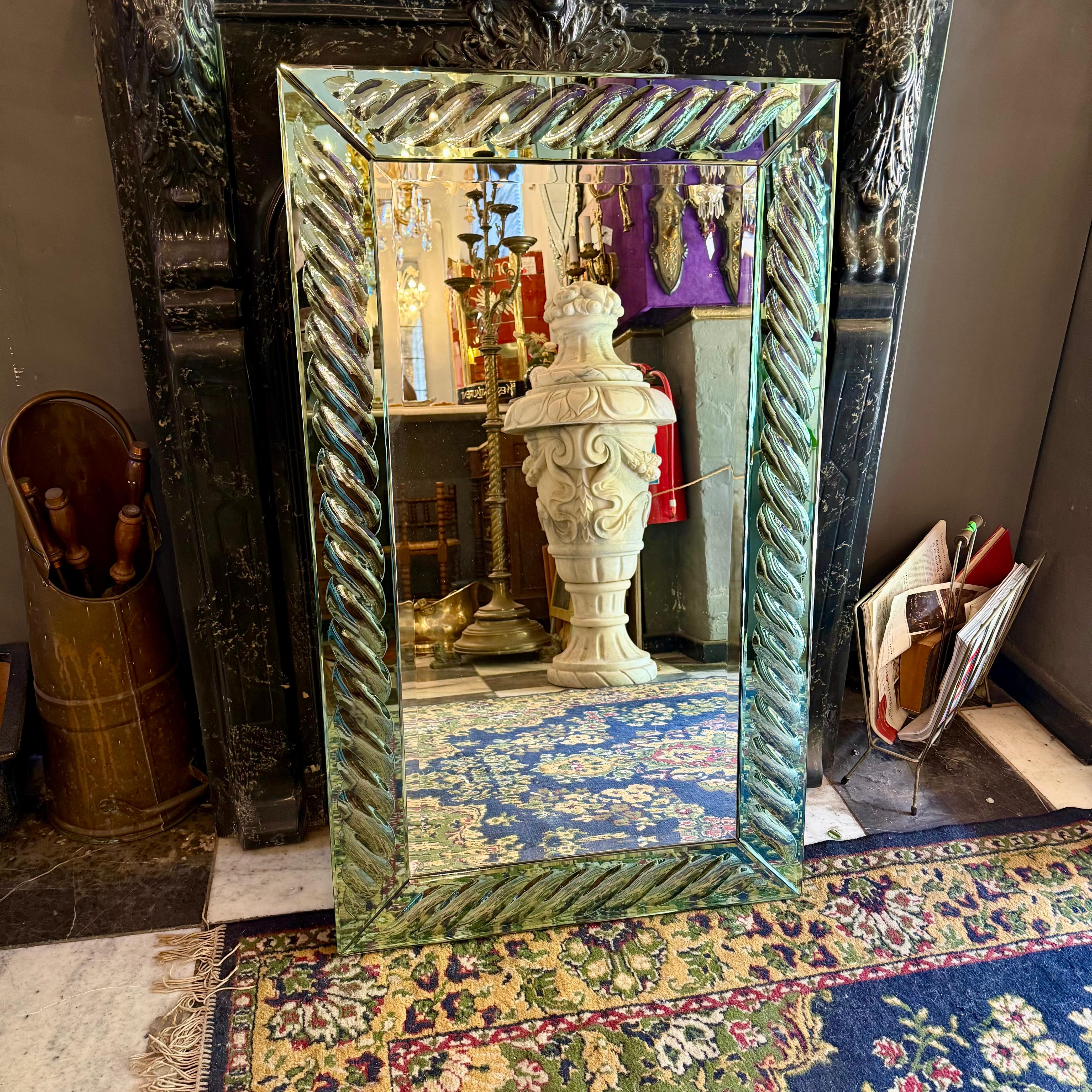 Contemporary Mirror with Blue Twisted Glass Frame