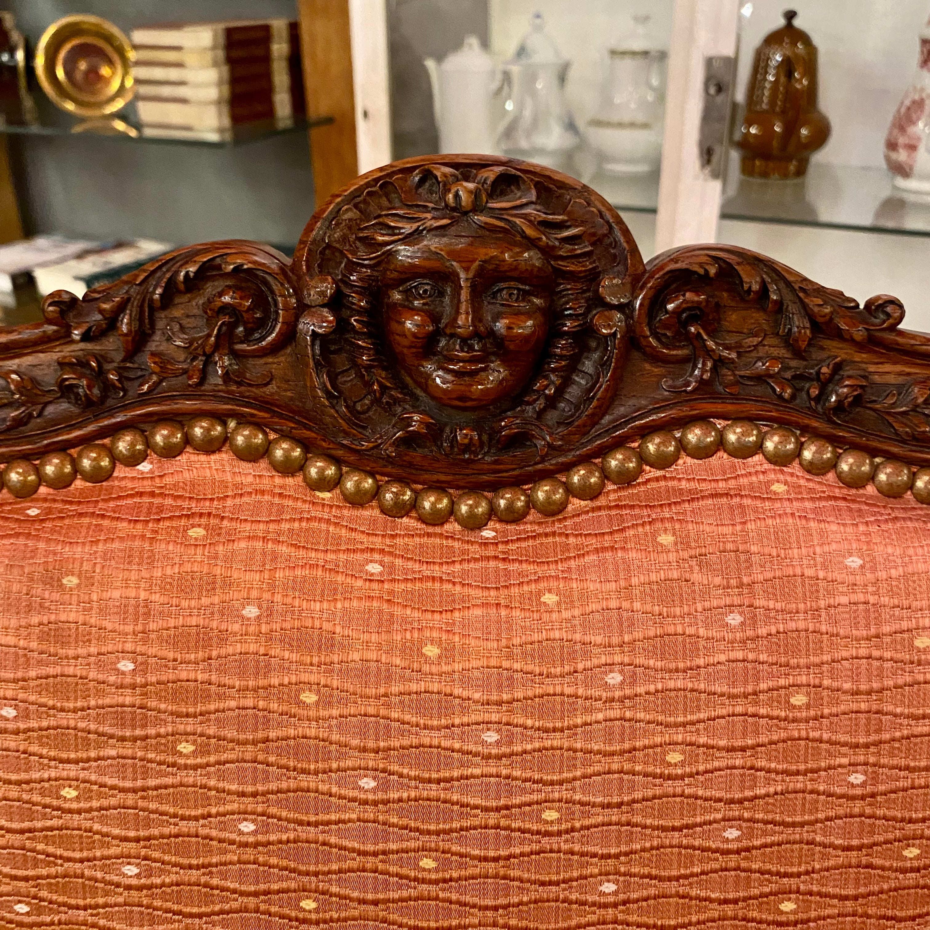 Trio of Antique Carved Dining Chairs with Brass Studs