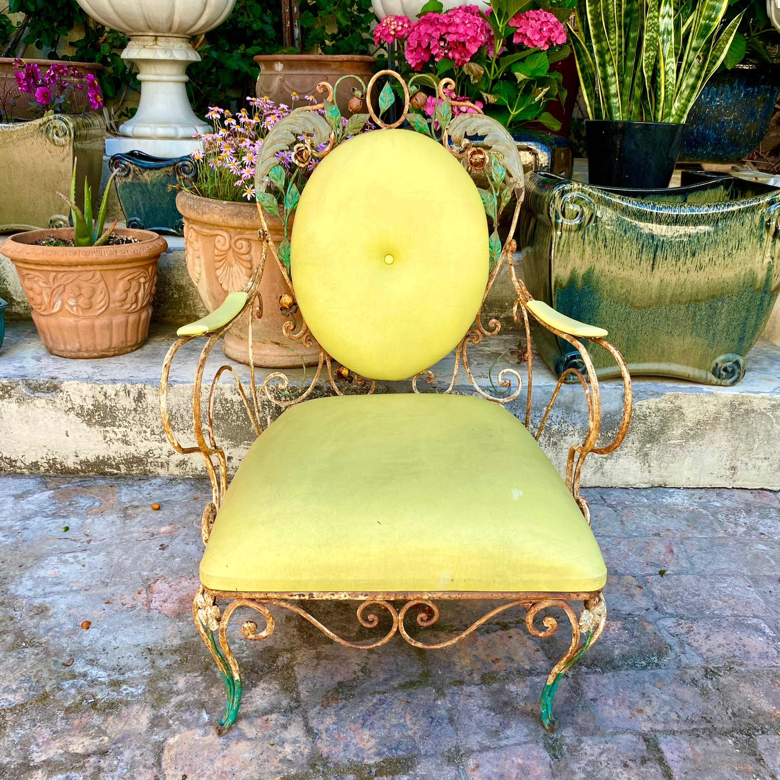 Rustic Wrought Iron Armchair with Rose Details