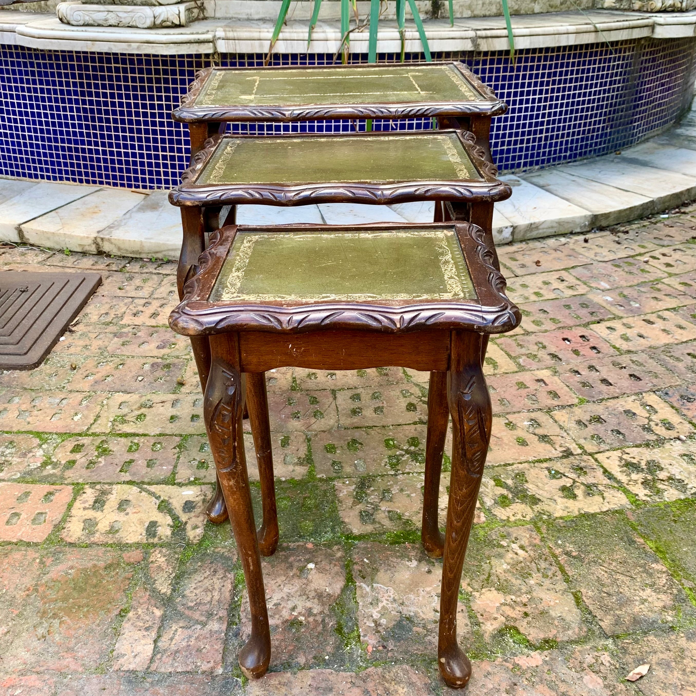 Antique Oak Nesting Tables with Leather Pads