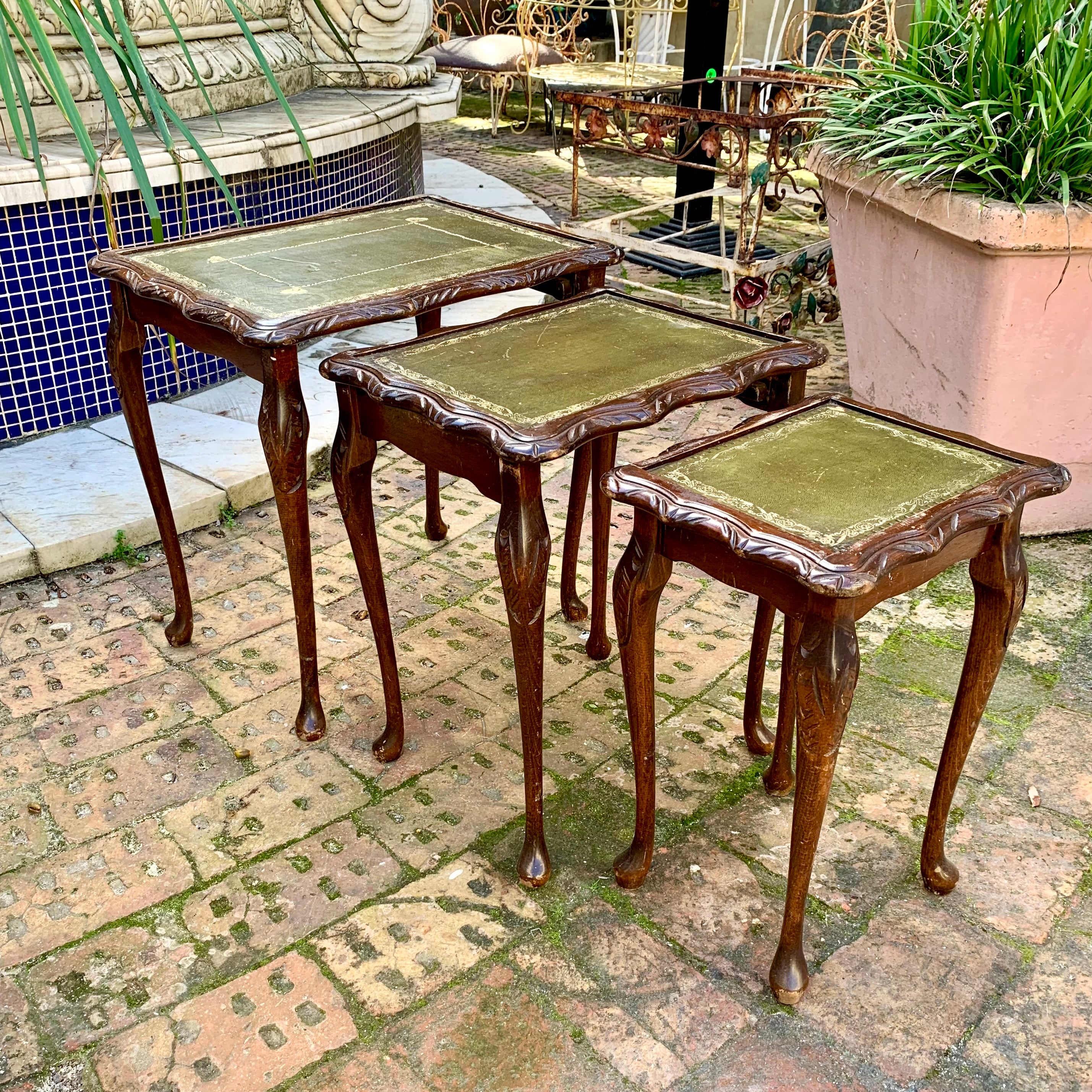 Antique Oak Nesting Tables with Leather Pads