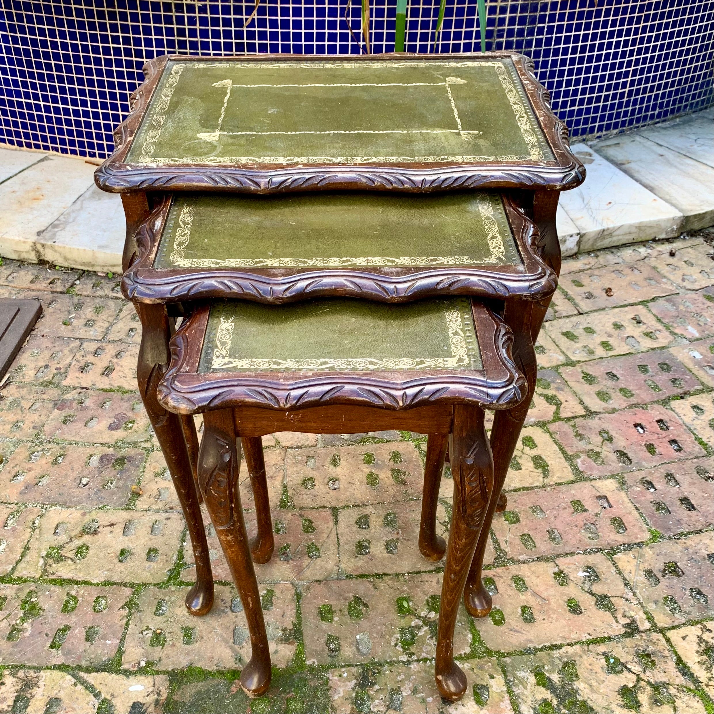 Antique Oak Nesting Tables with Leather Pads