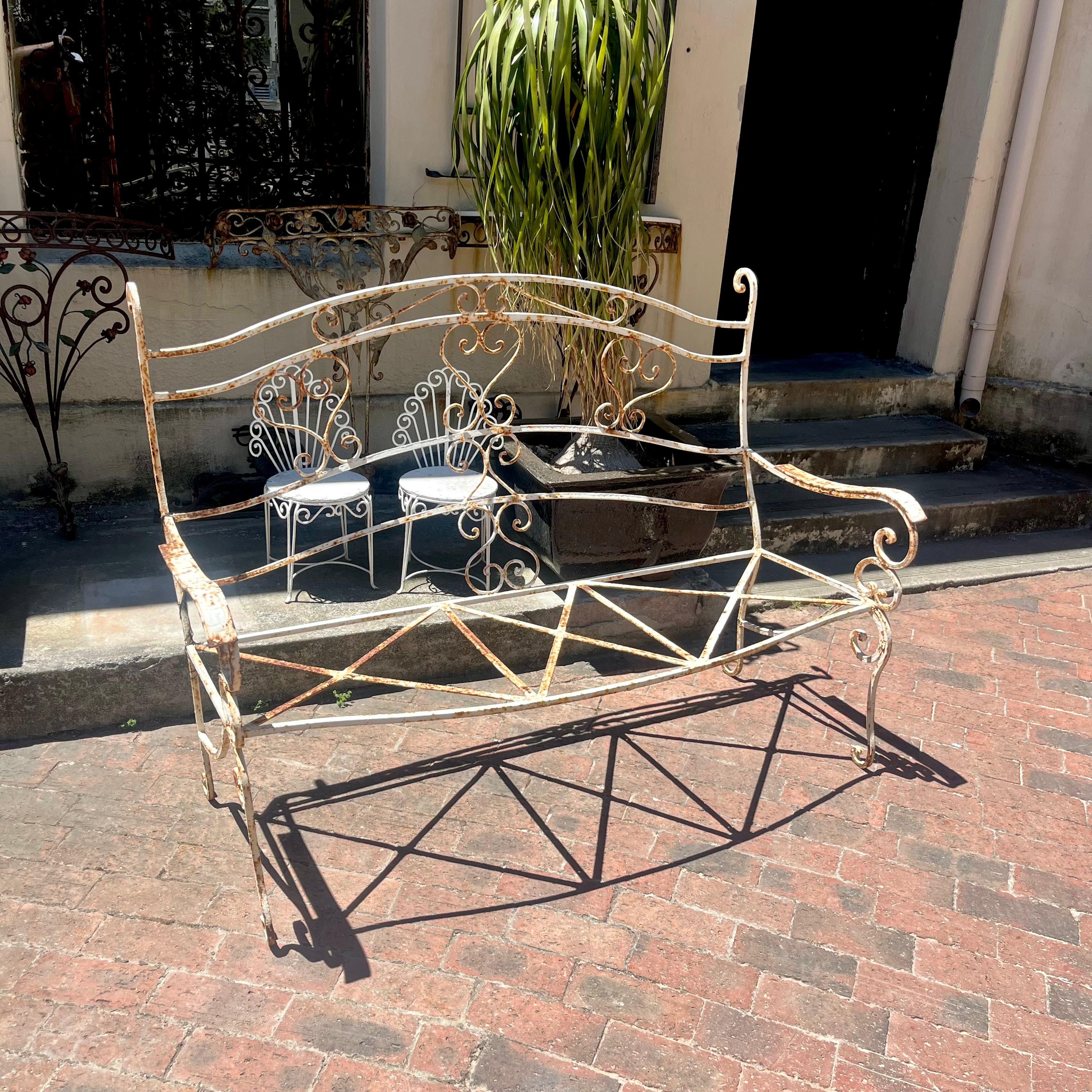 Rustic Wrought Iron Bench with Scroll Detail