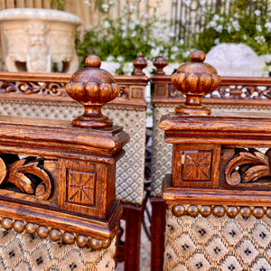 Antique Carved Oak Dining Chairs with Brass Studding