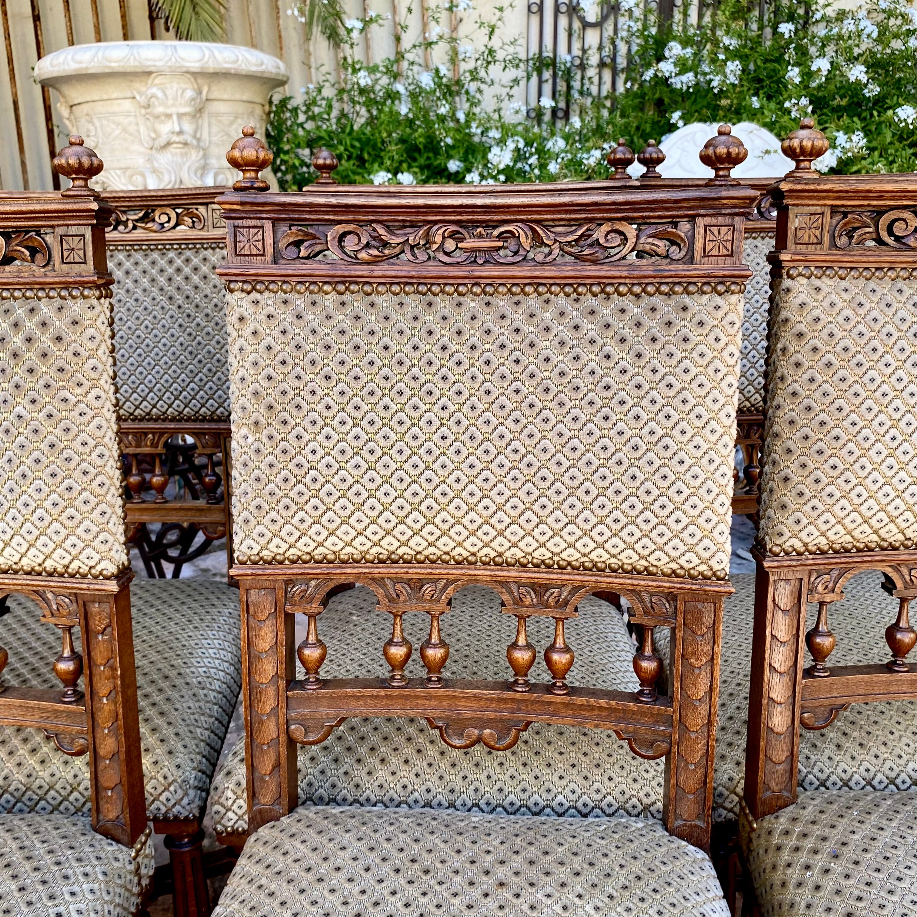 Antique Carved Oak Dining Chairs with Brass Studding