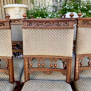 Antique Carved Oak Dining Chairs with Brass Studding