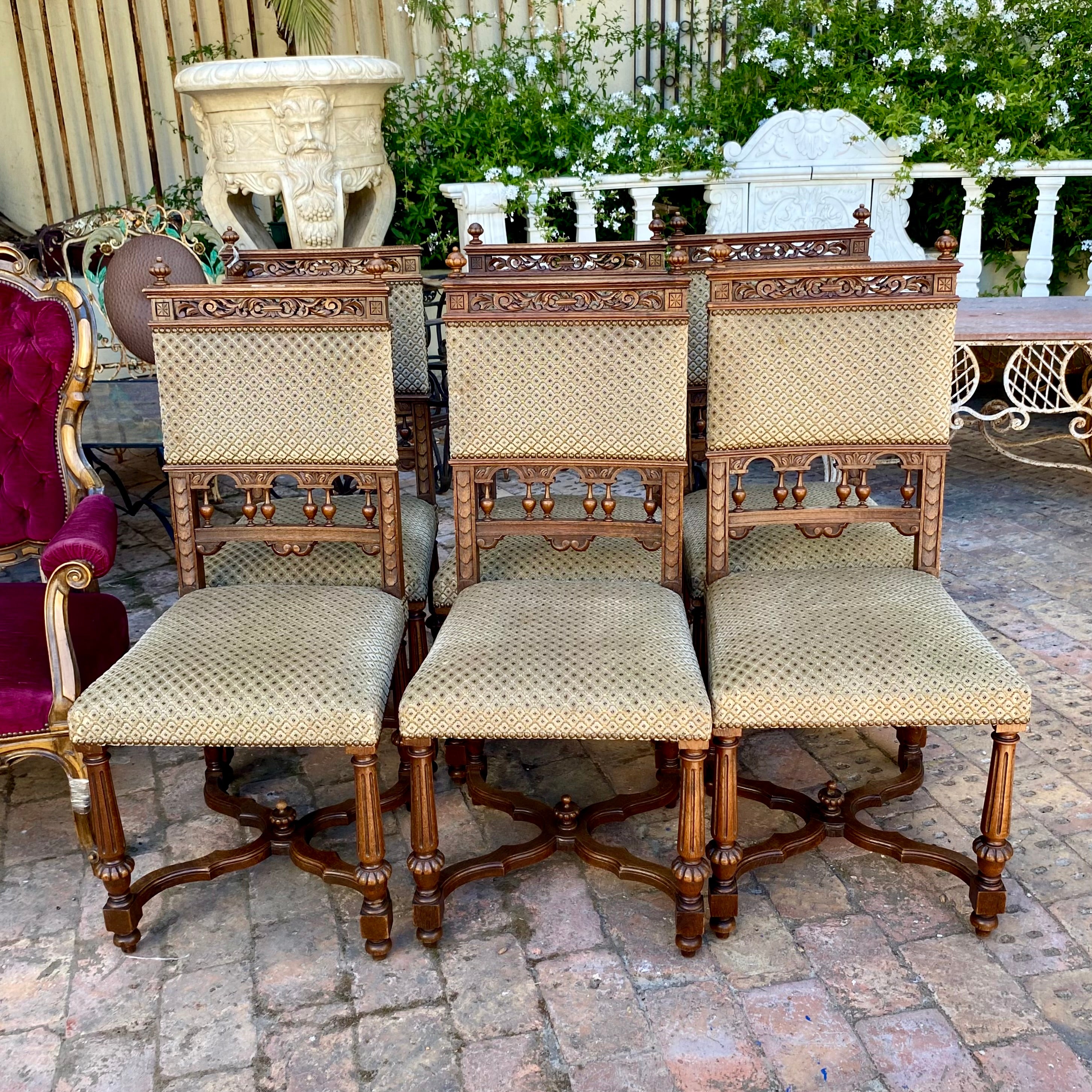 Antique Carved Oak Dining Chairs with Brass Studding