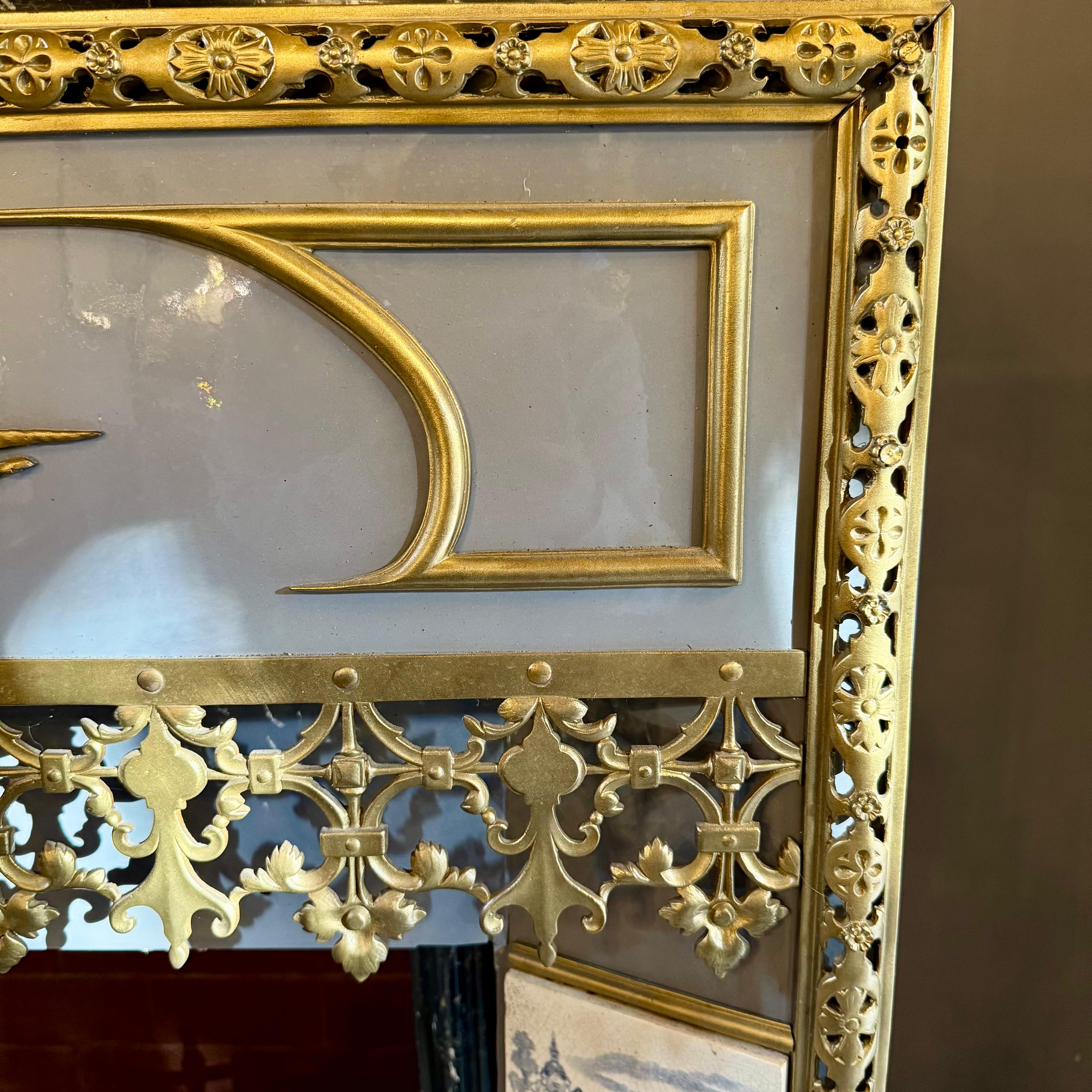 Unusual Enameled Fireplace with Delft Tiles and Gilt Brass Details