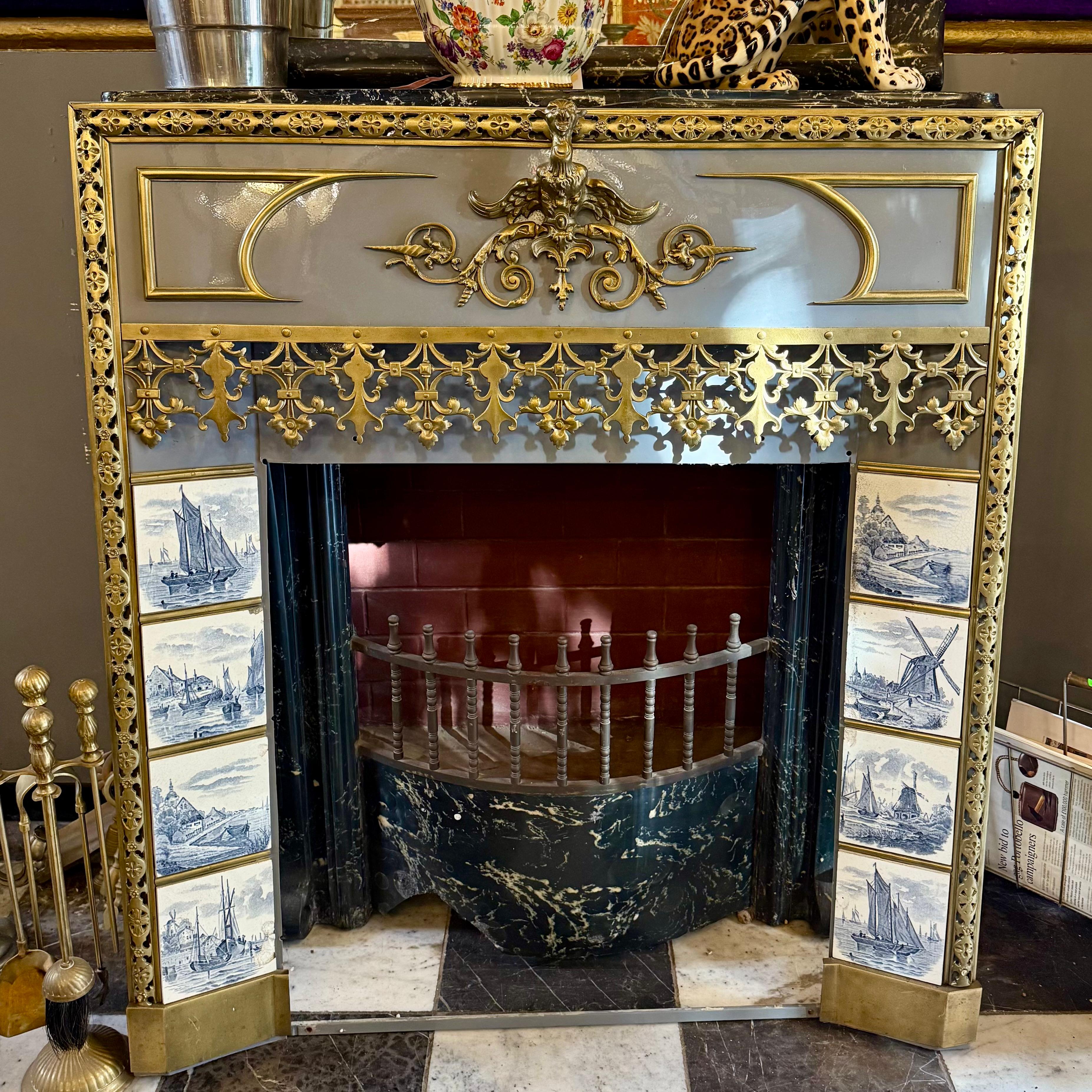 Unusual Enameled Fireplace with Delft Tiles and Gilt Brass Details