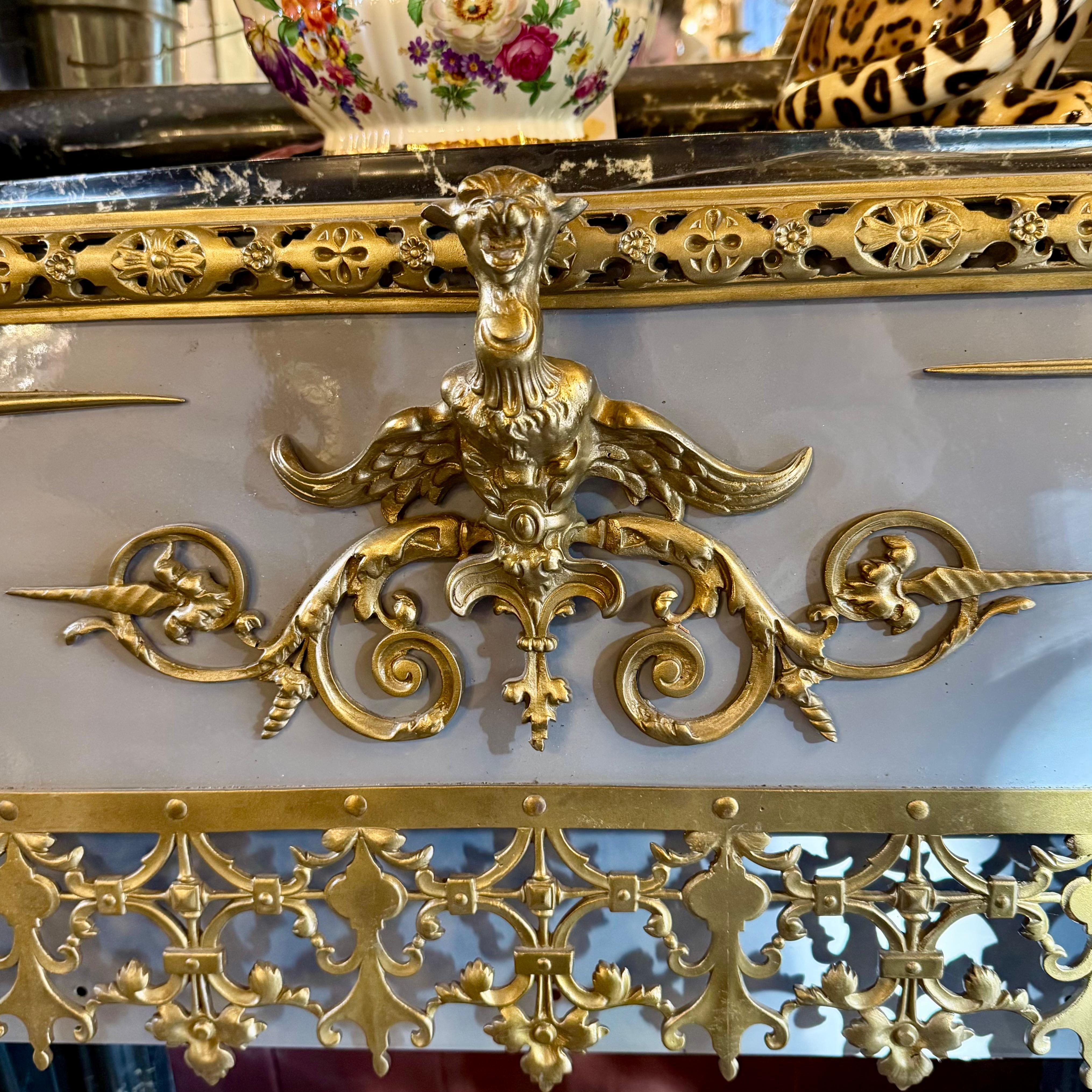 Unusual Enameled Fireplace with Delft Tiles and Gilt Brass Details