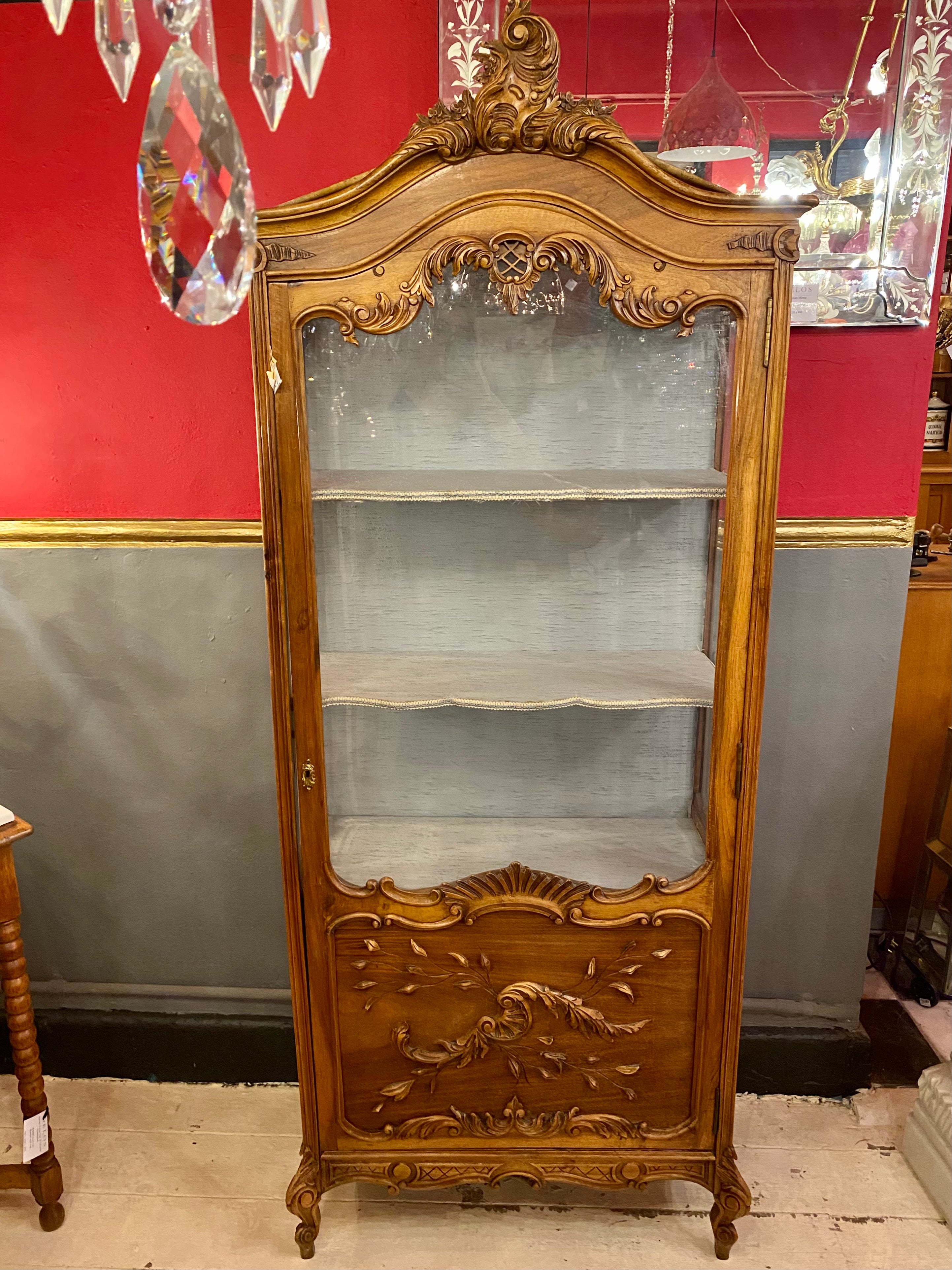 Antique French Walnut Display Cabinet with Intricate Carvings - SOLD