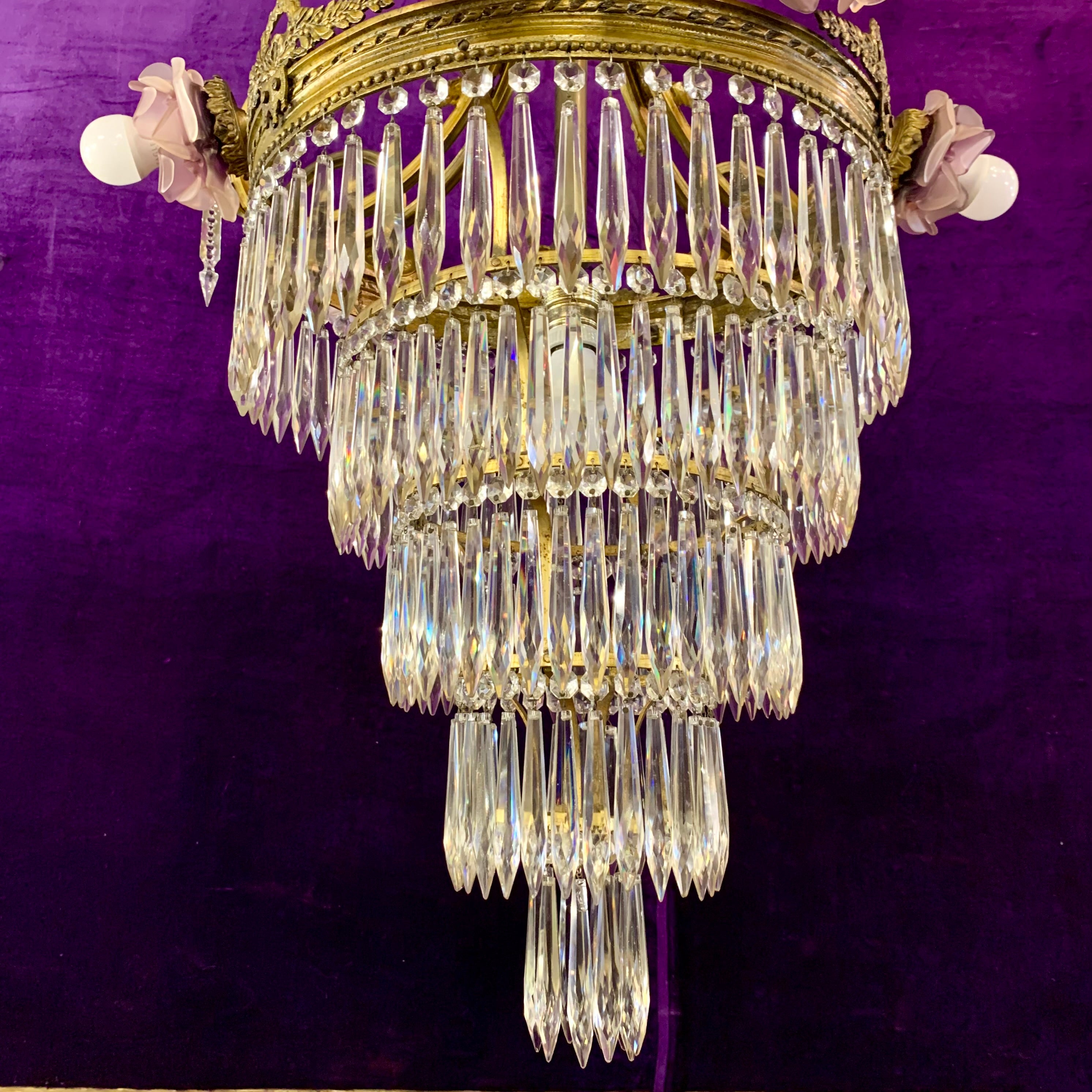 Phenomenal Antique Brass Waterfall Chandelier with Lilac Roses