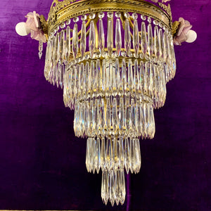 Phenomenal Antique Brass Waterfall Chandelier with Lilac Roses