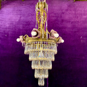 Phenomenal Antique Brass Waterfall Chandelier with Lilac Roses