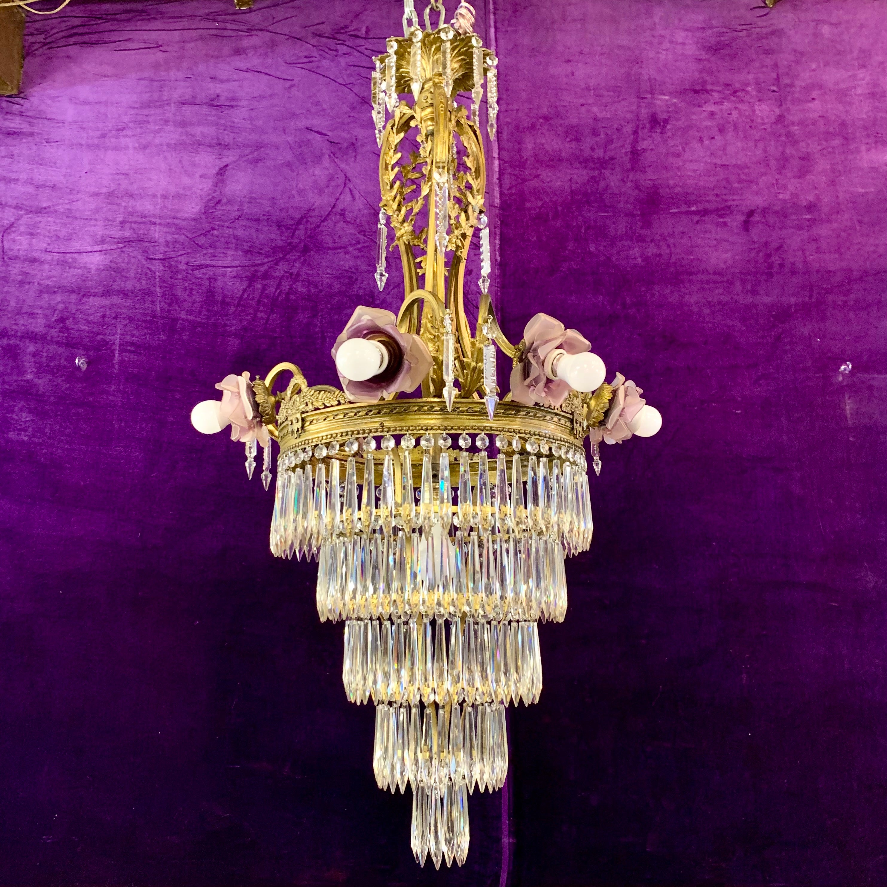 Phenomenal Antique Brass Waterfall Chandelier with Lilac Roses