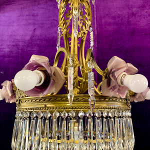 Phenomenal Antique Brass Waterfall Chandelier with Lilac Roses