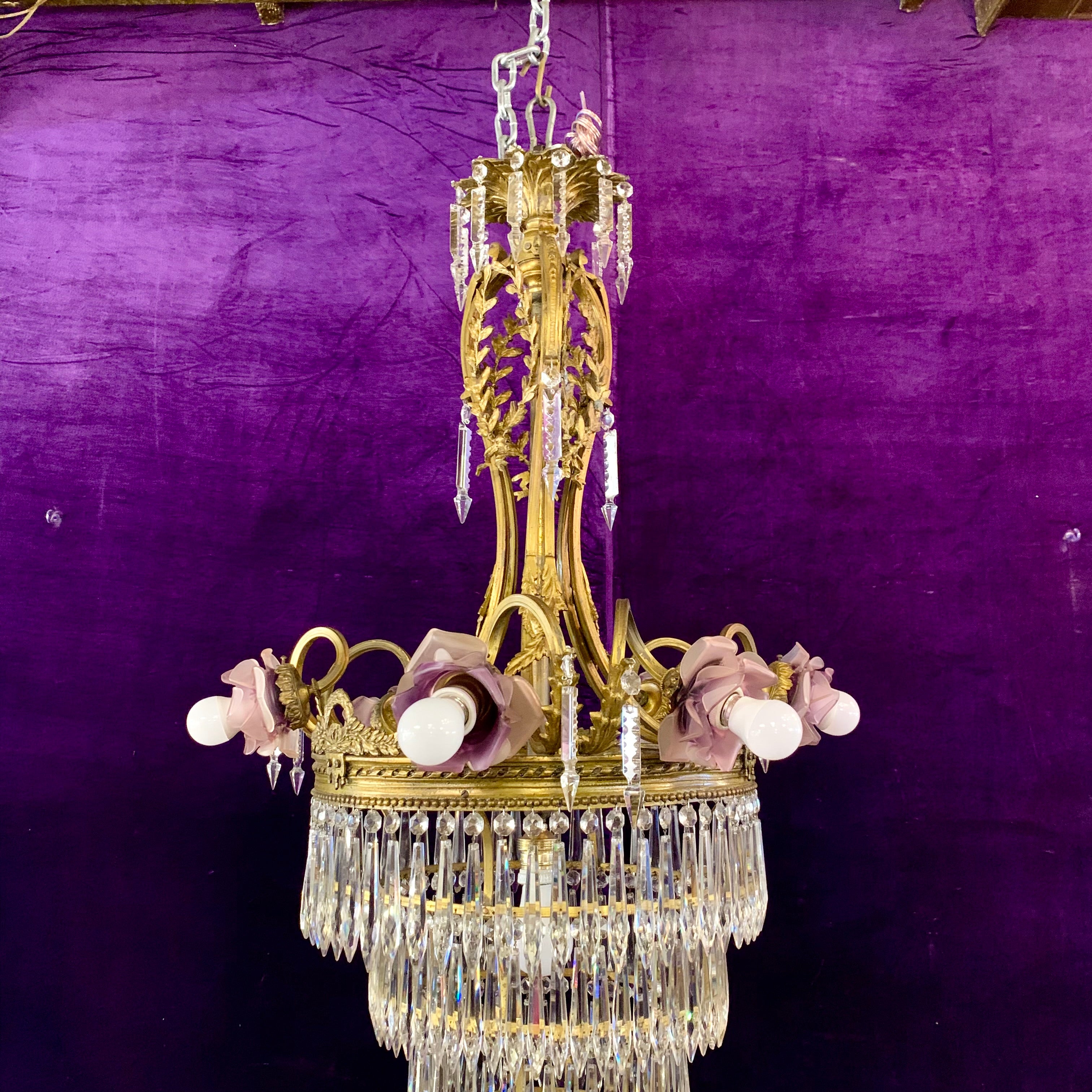 Phenomenal Antique Brass Waterfall Chandelier with Lilac Roses