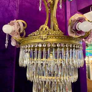 Phenomenal Antique Brass Waterfall Chandelier with Lilac Roses