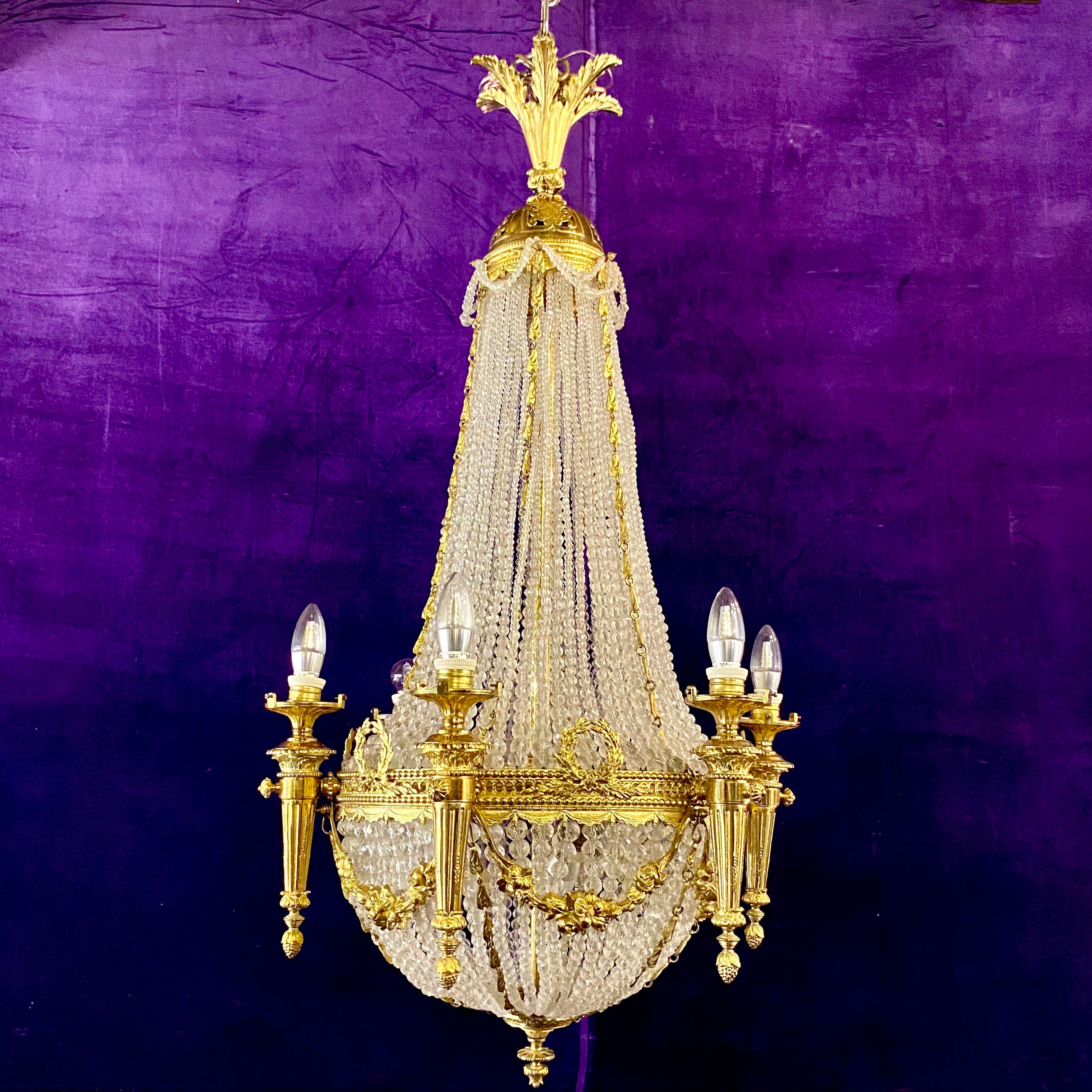 Incredible Antique Gilded Brass Neoclassical Chandelier