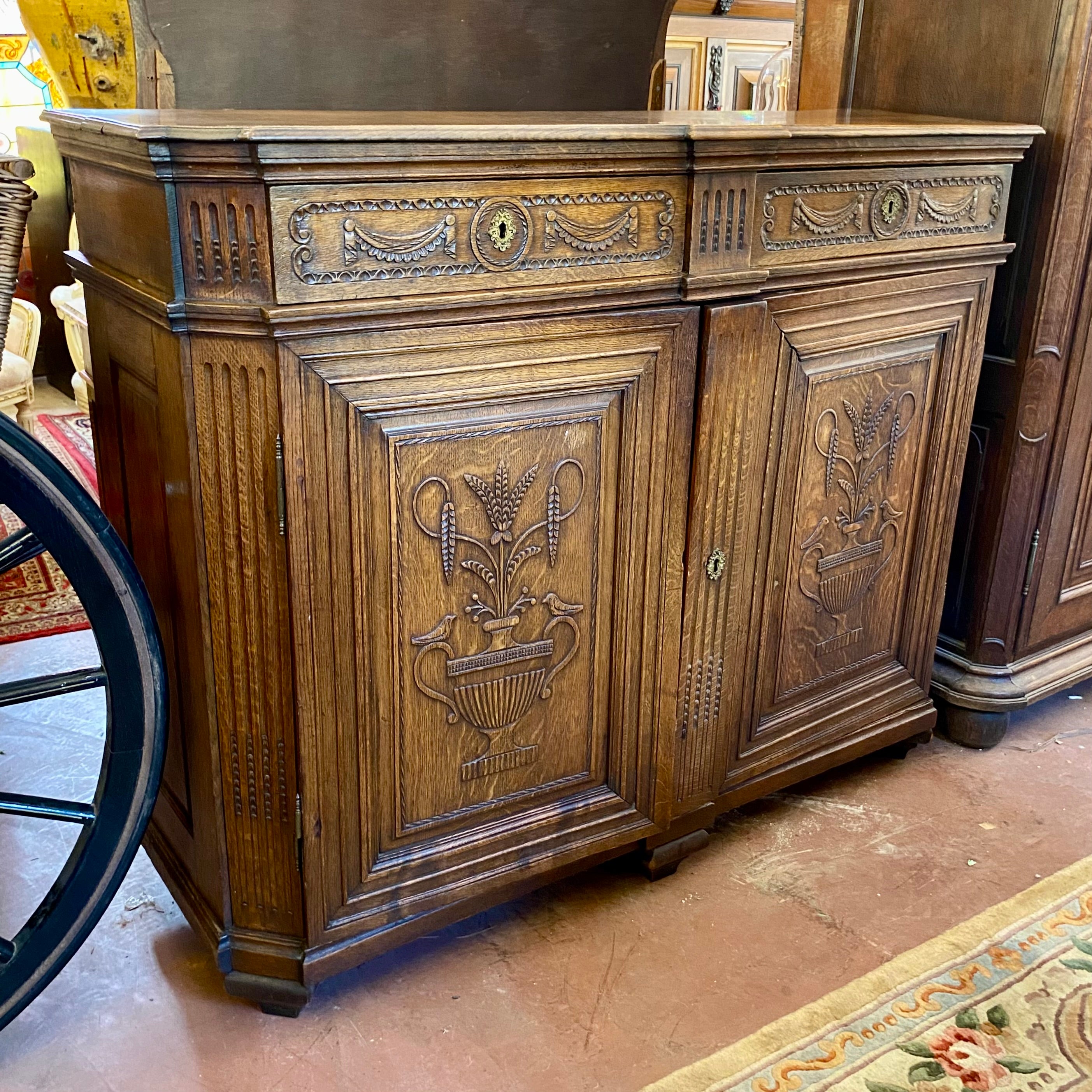 Antique Carved Oak Cabinet with Brass Fixtures