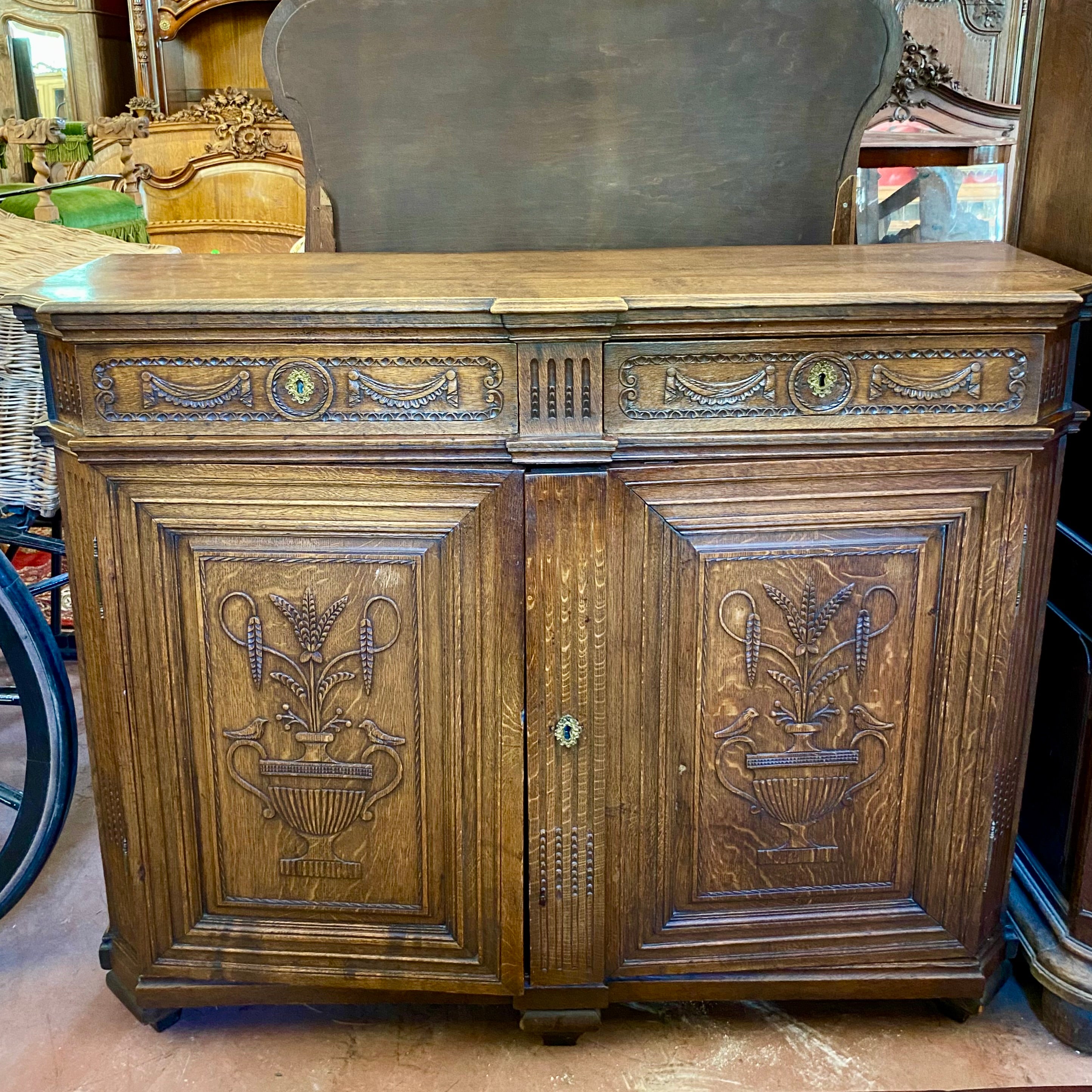 Antique Carved Oak Cabinet with Brass Fixtures