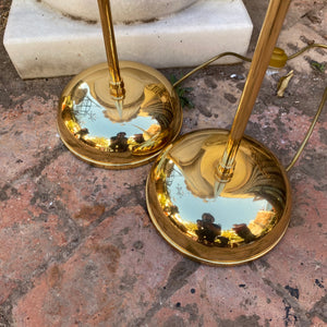 Pair of Elegant Brass Standing Lamps with White Glass Shades - SOLD