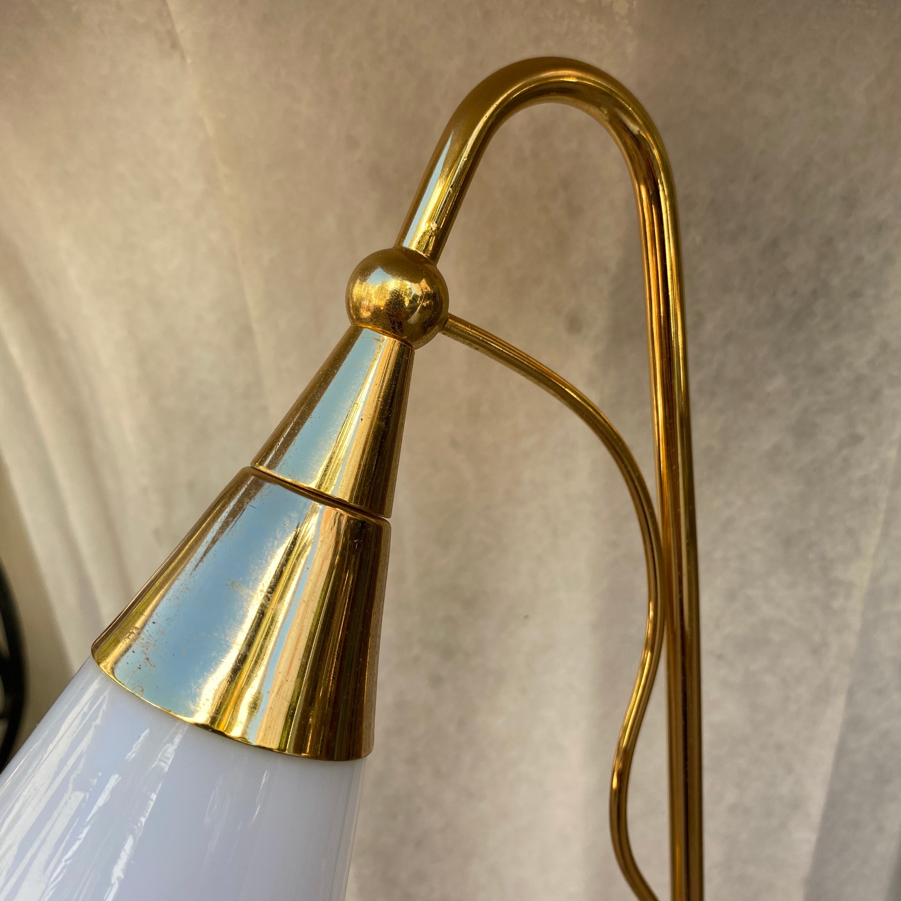 Pair of Elegant Brass Standing Lamps with White Glass Shades - SOLD