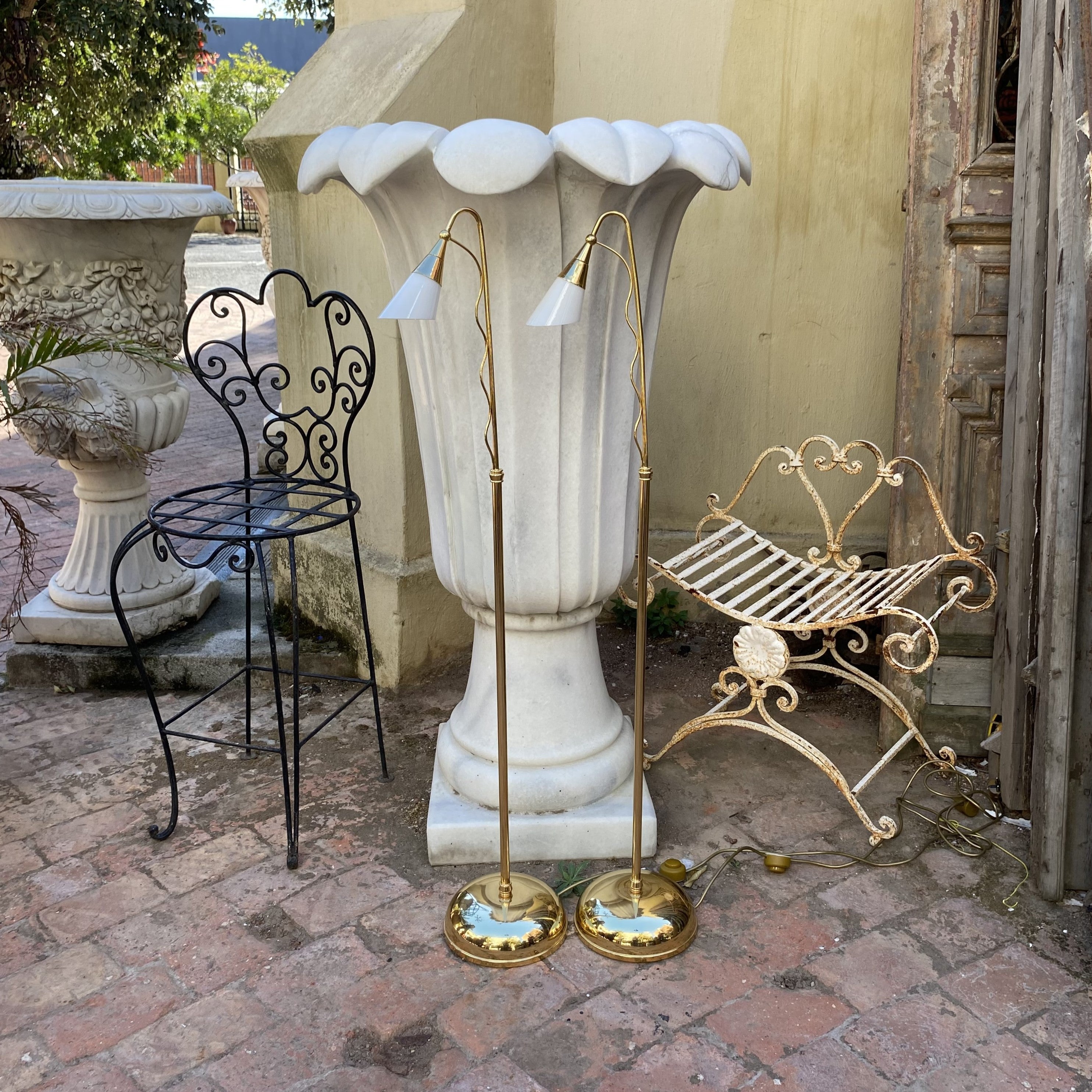 Pair of Elegant Brass Standing Lamps with White Glass Shades - SOLD