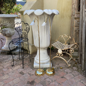 Pair of Elegant Brass Standing Lamps with White Glass Shades