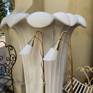 Pair of Elegant Brass Standing Lamps with White Glass Shades - SOLD