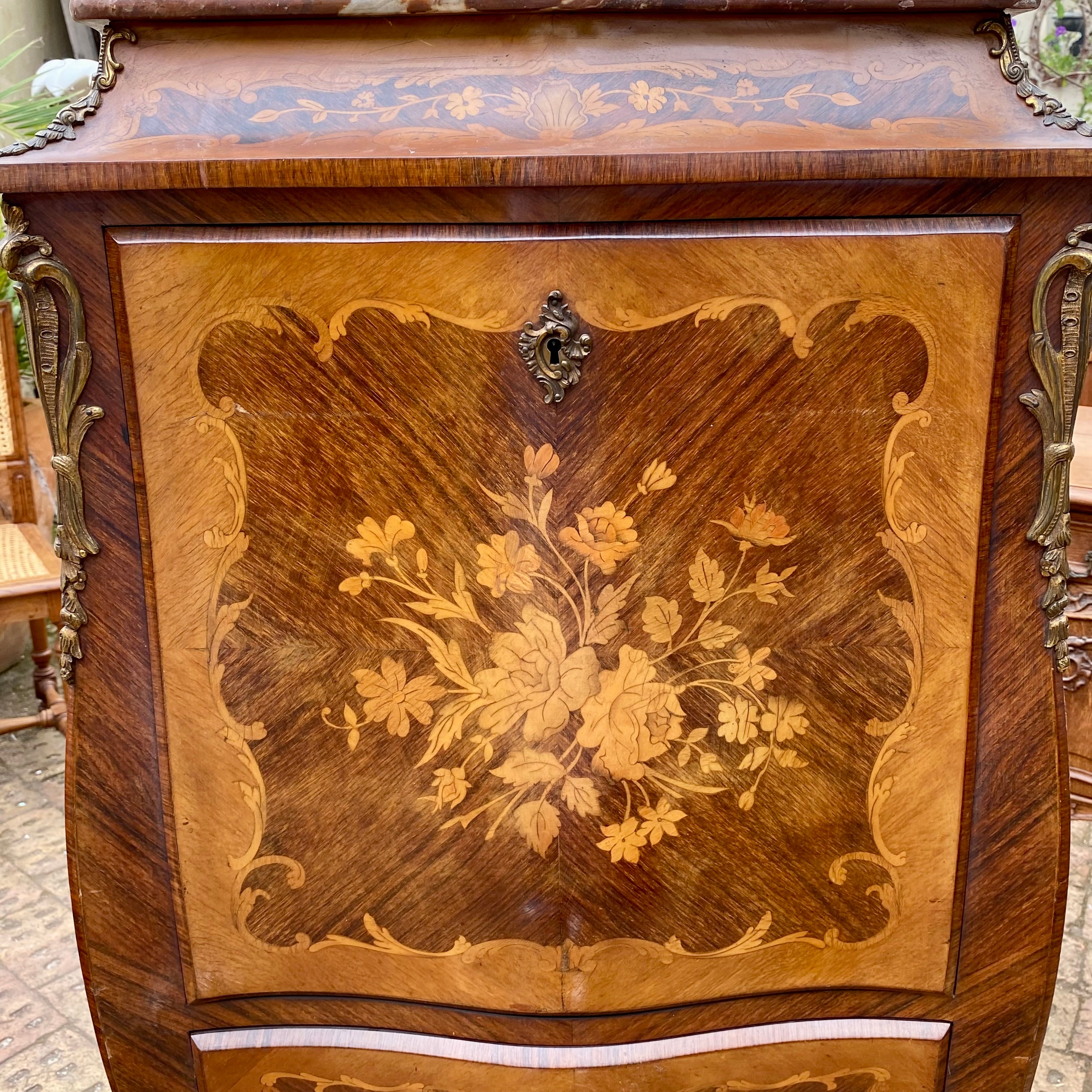 Antique Inlaid Writing Bureau with Brass Castings - SOLD