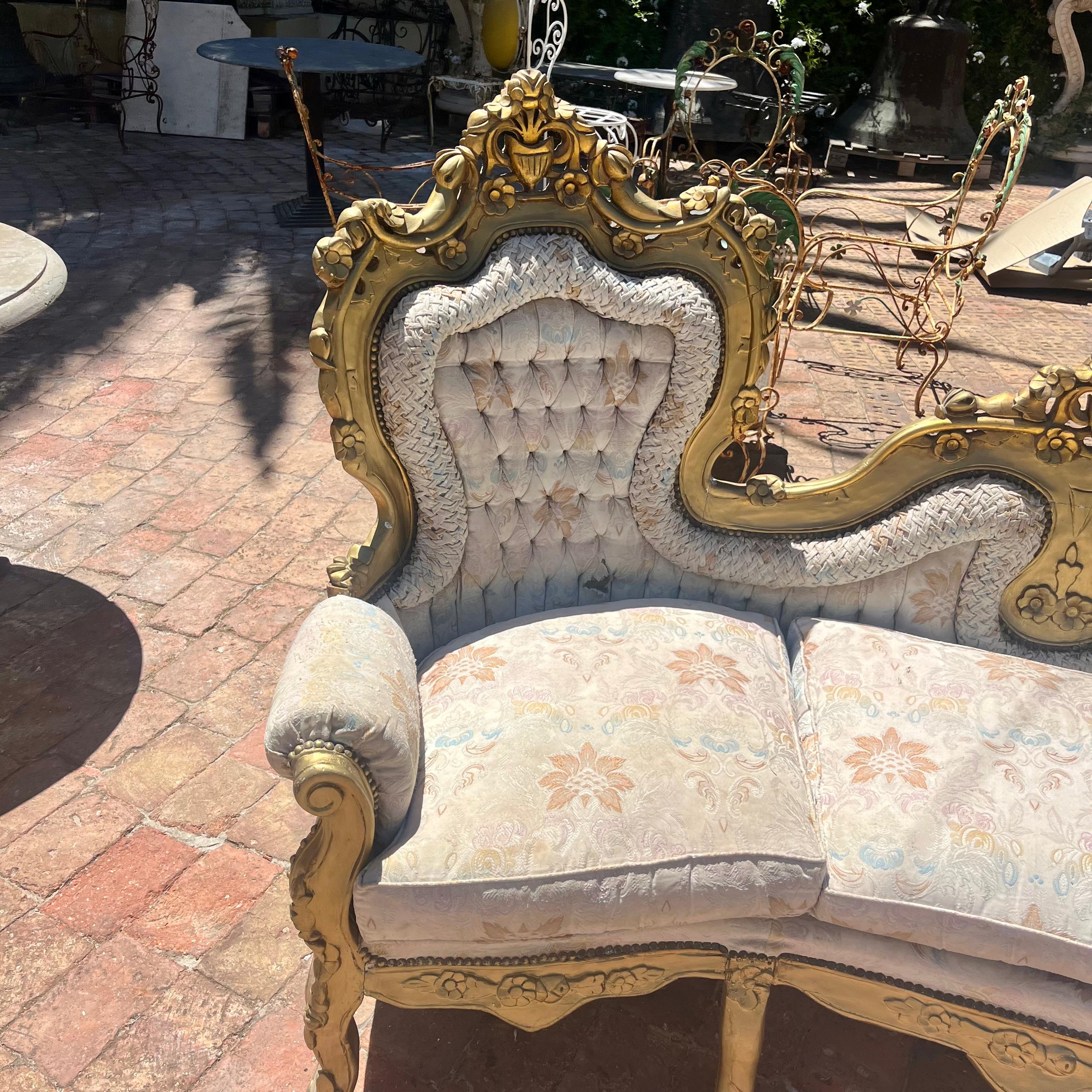 French Giltwood Tufted Salon Ensemble in Ivory Brocade