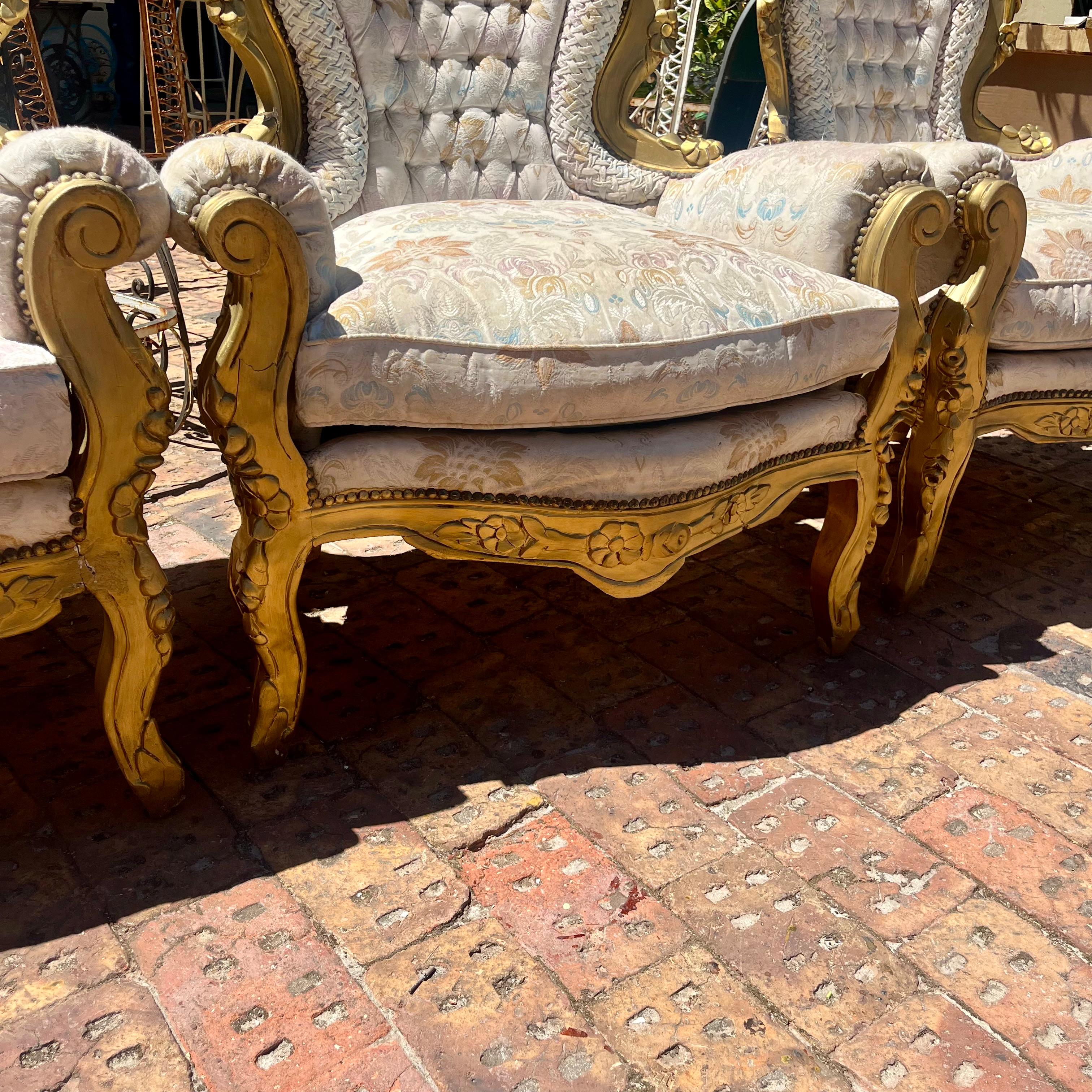 French Giltwood Tufted Salon Ensemble in Ivory Brocade