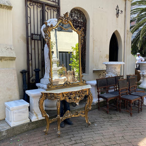 Antique Gilt Wood Mirror and Console Set with Marble Top - SOLD