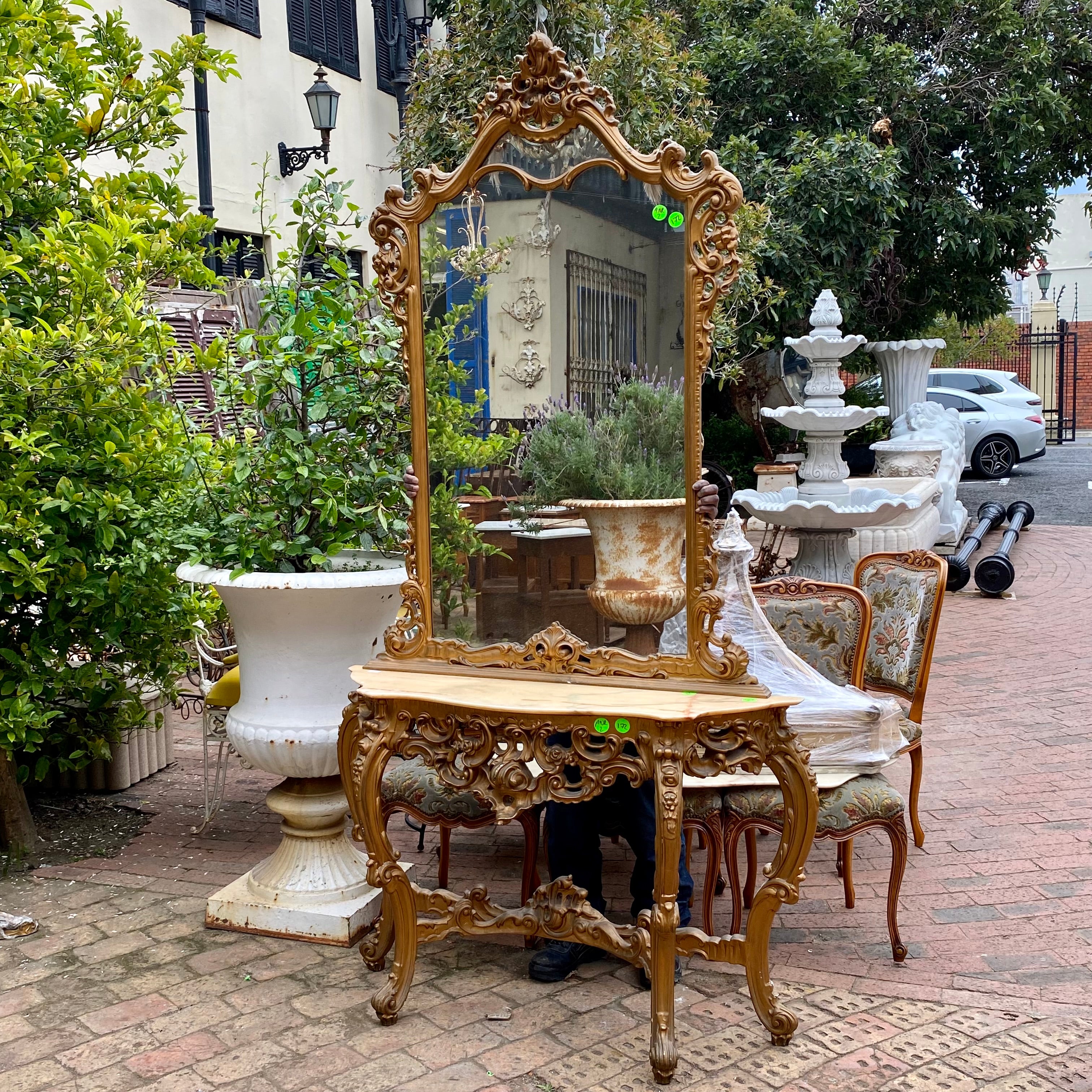 Antique Gilt Wood Mirror and Console Set with Marble Top