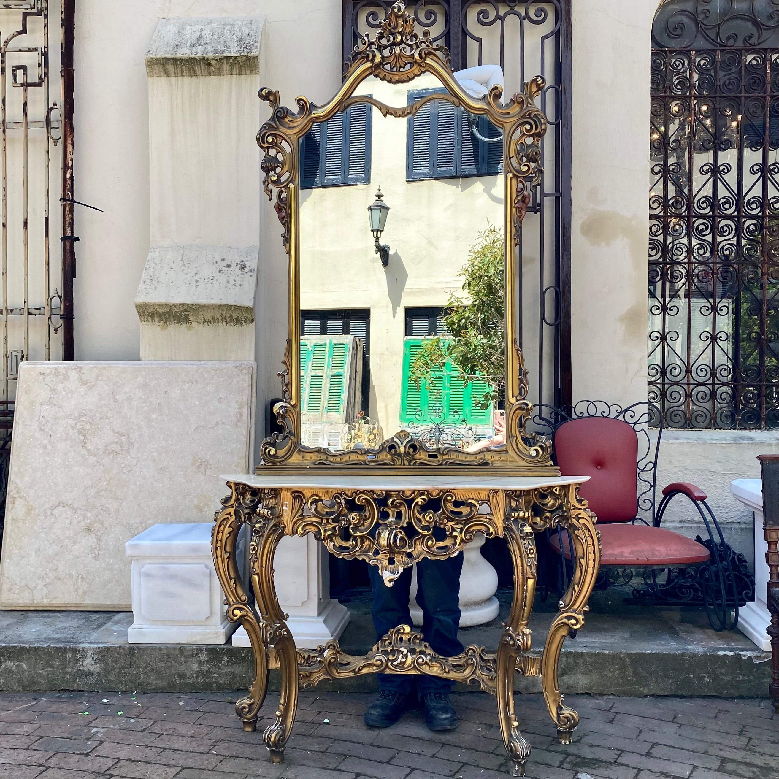 Antique Gilt Wood Mirror and Console Set with Marble Top - SOLD