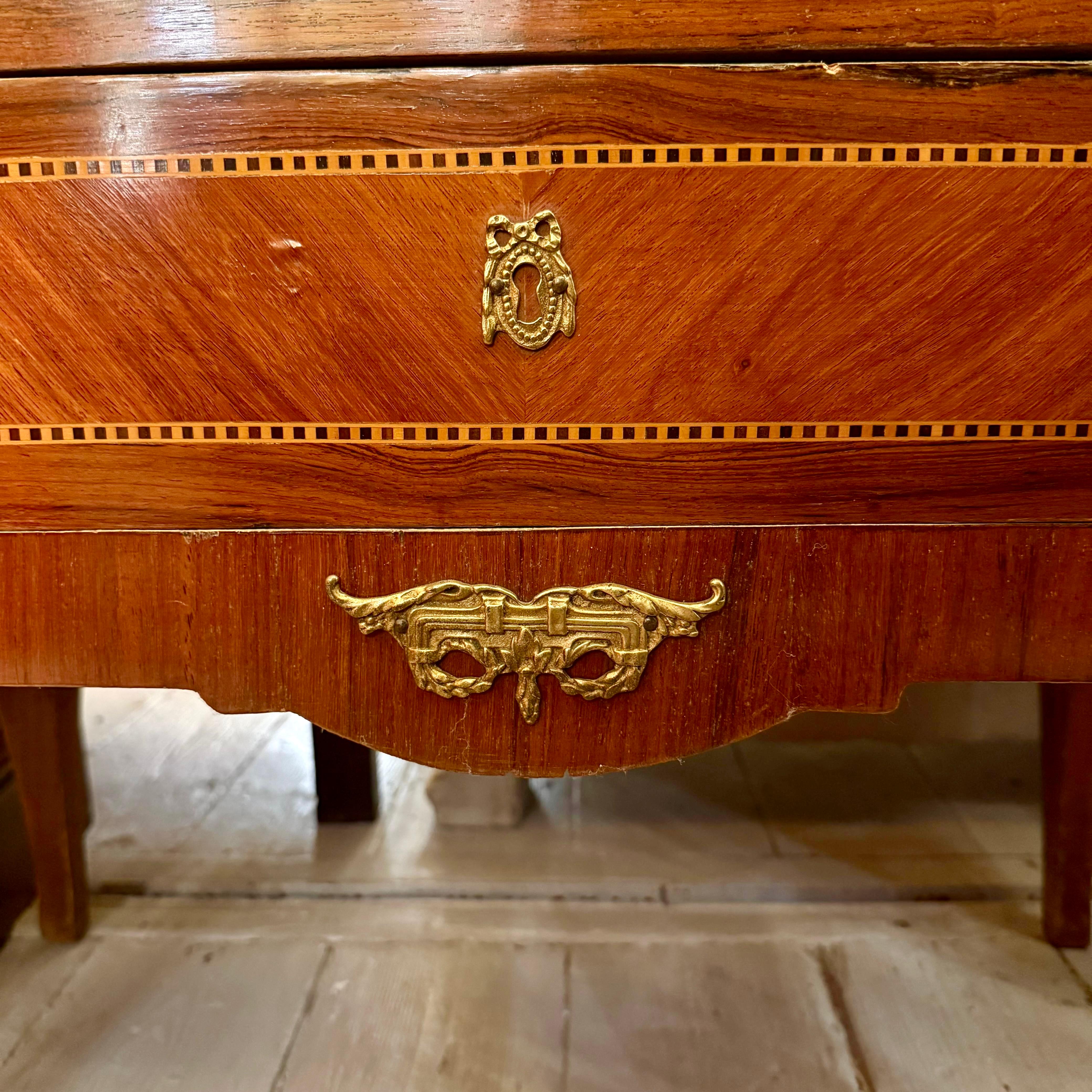 French Style Marquetry Tall Boy with Marble Top