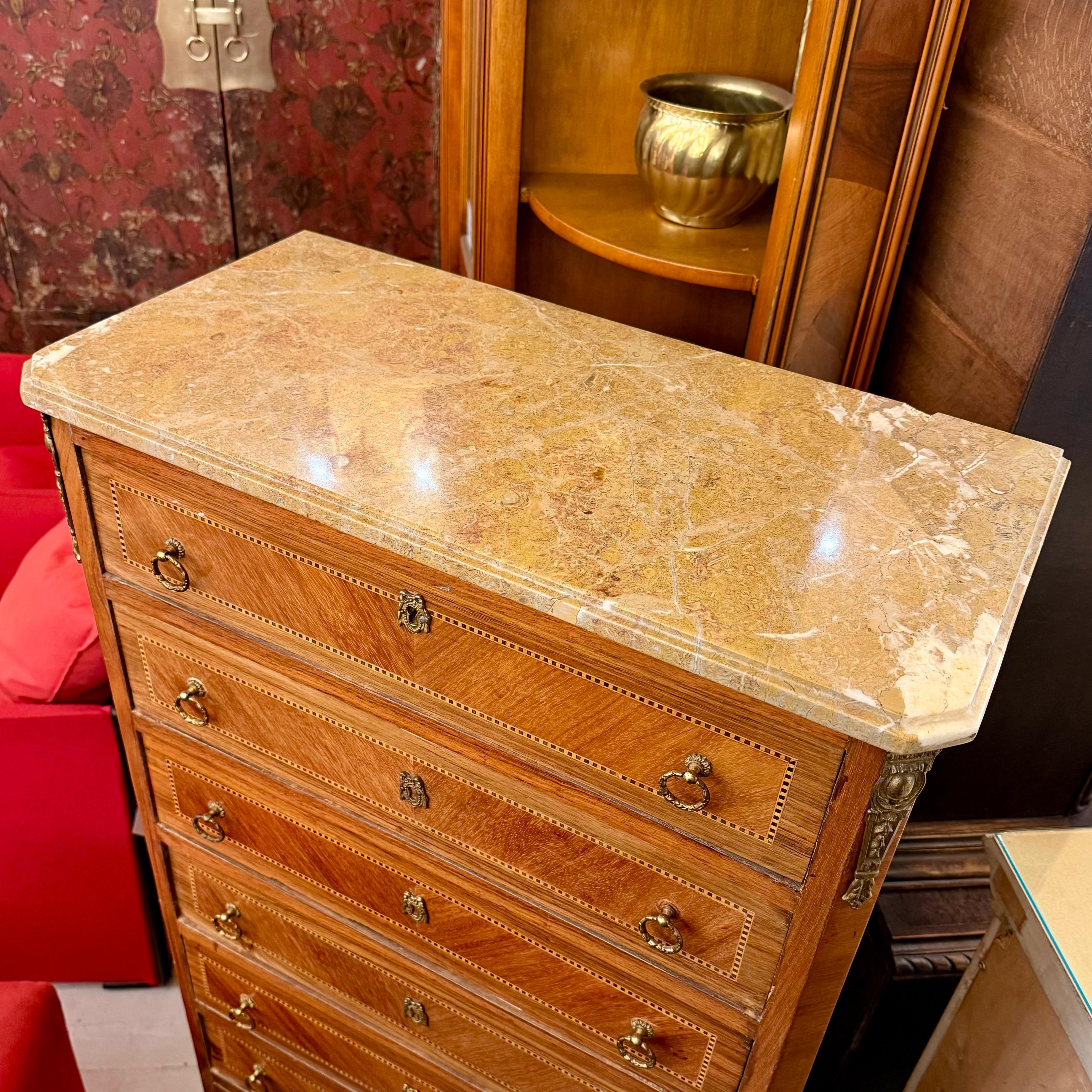 French Style Marquetry Tall Boy with Marble Top