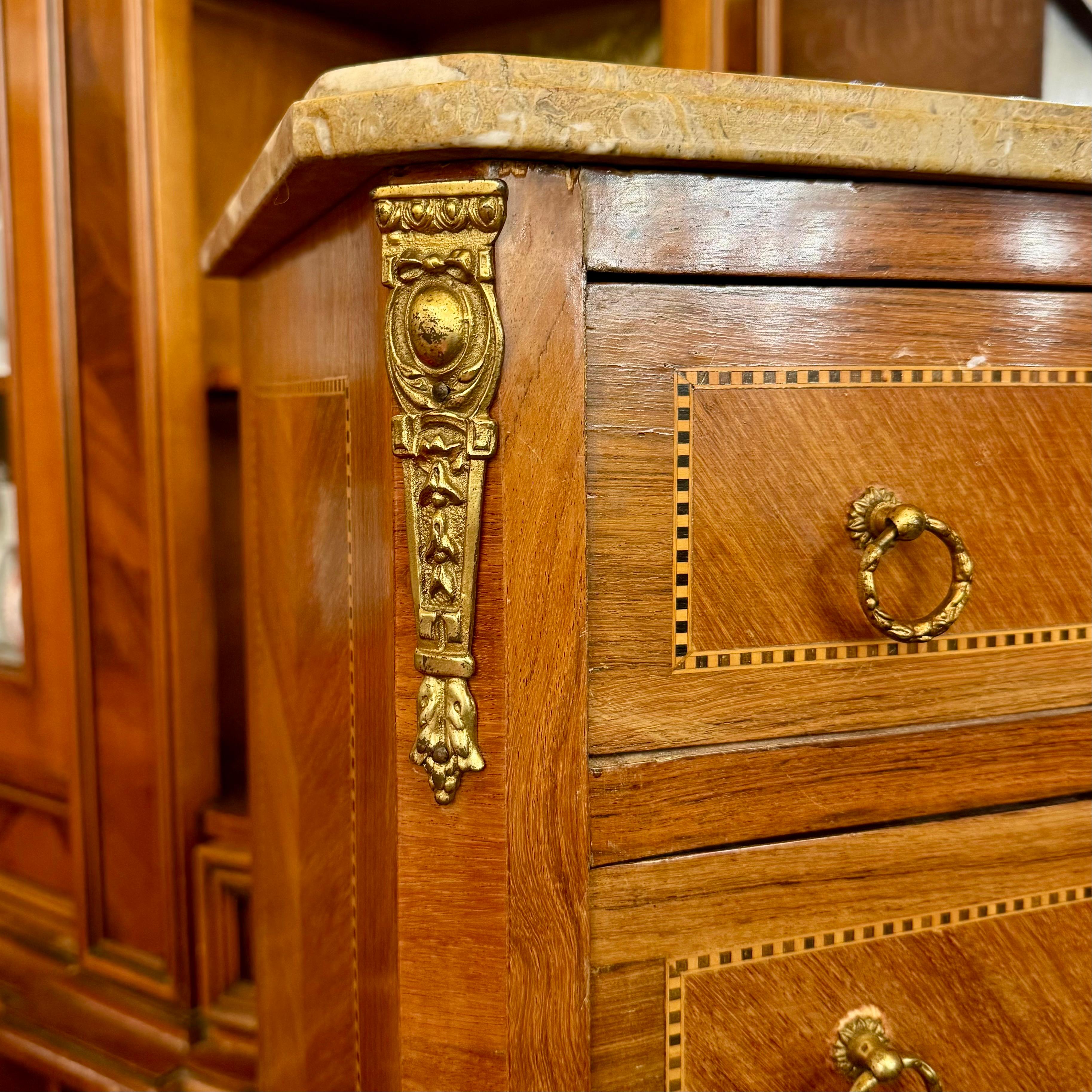 French Style Marquetry Tall Boy with Marble Top