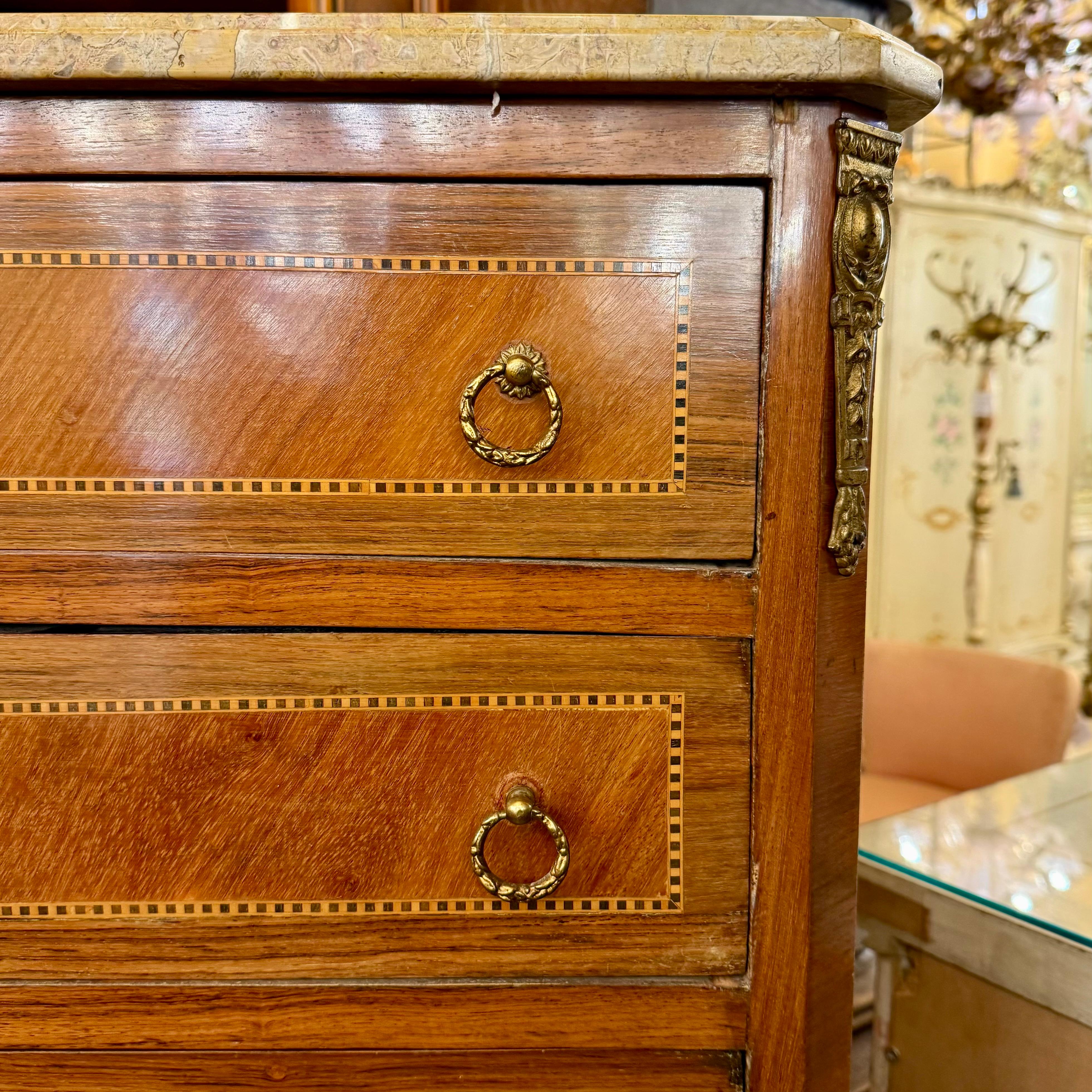 French Style Marquetry Tall Boy with Marble Top