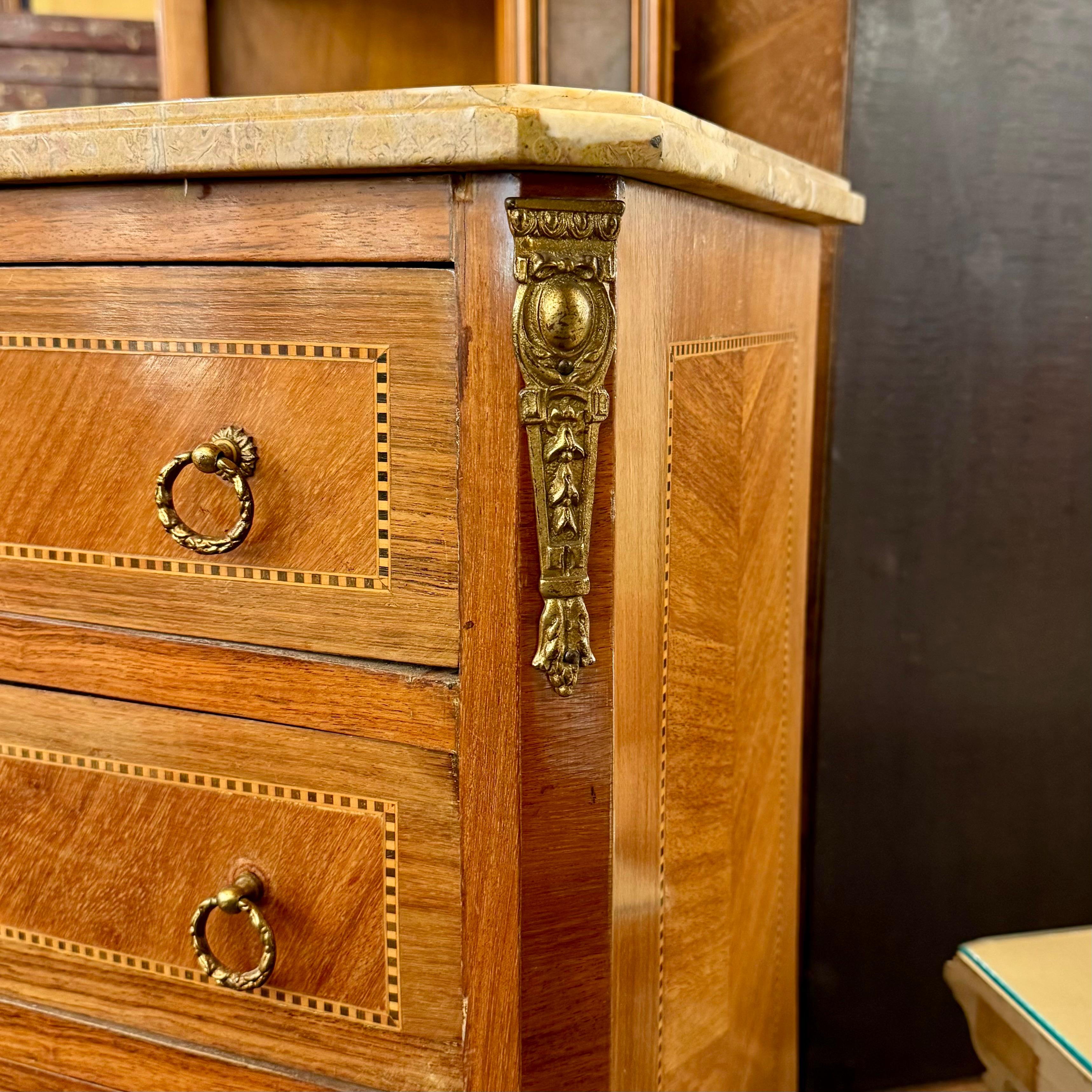 French Style Marquetry Tall Boy with Marble Top