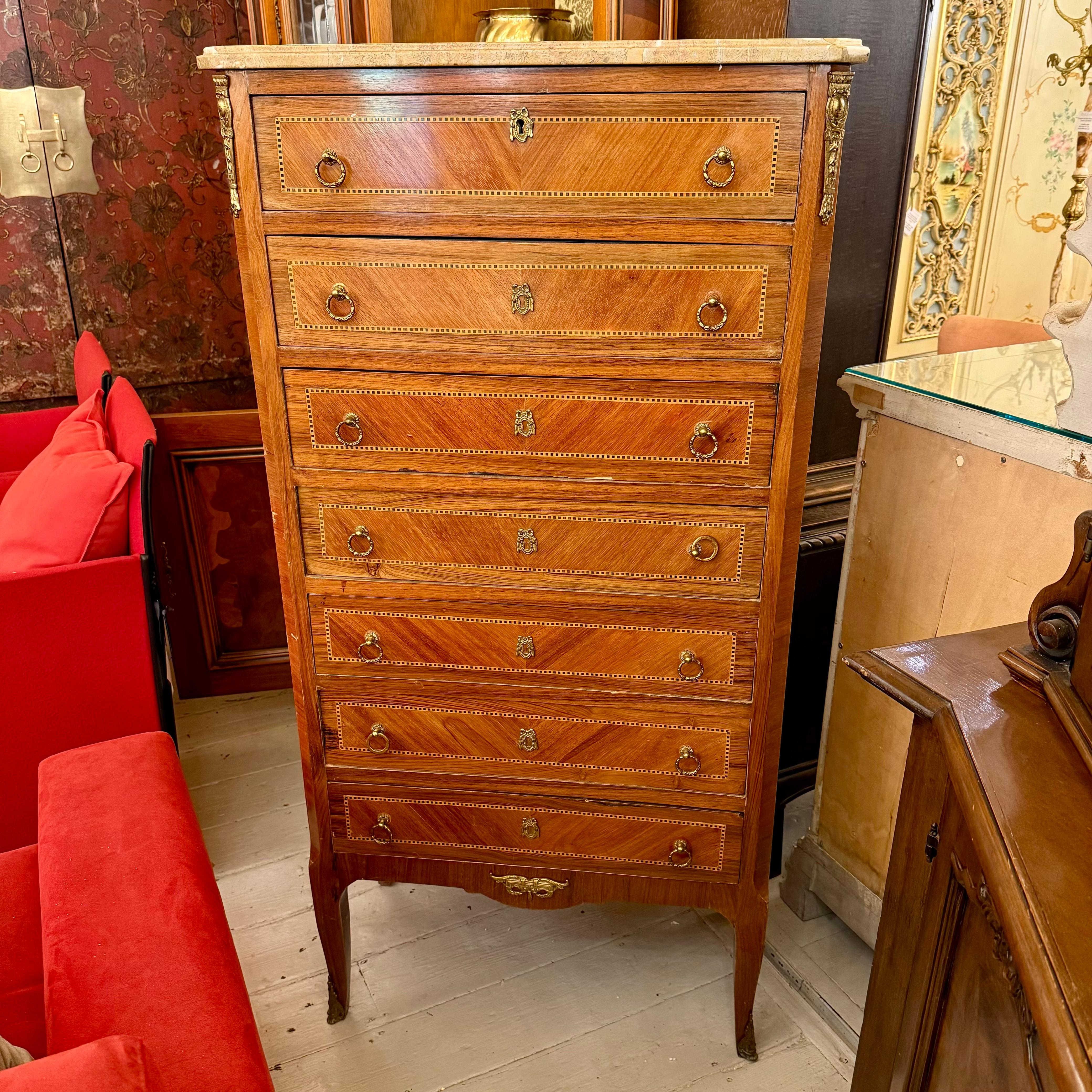 French Style Marquetry Tall Boy with Marble Top