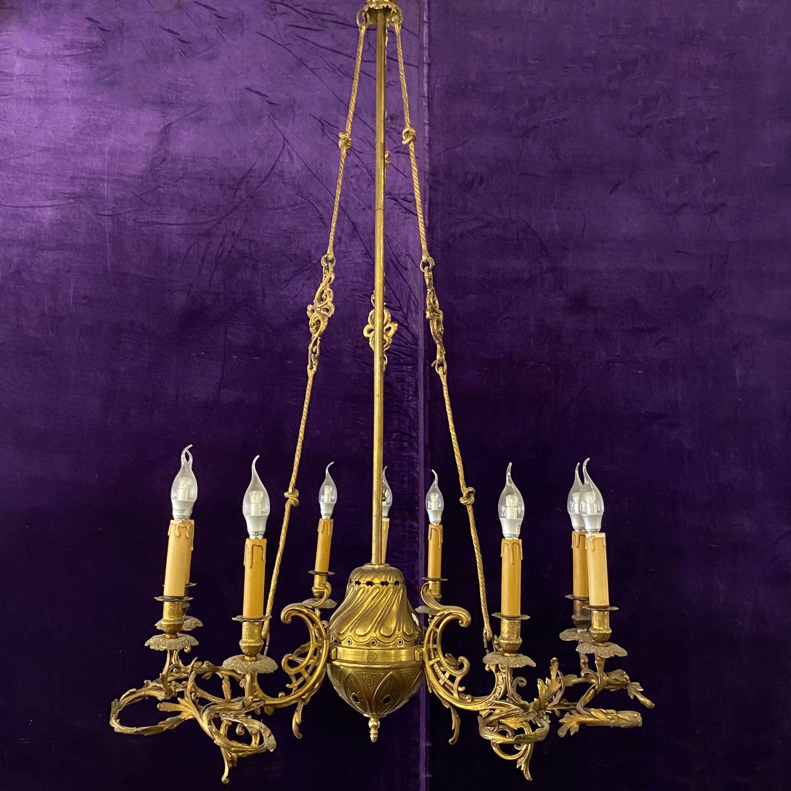 Antique Polished Brass Gasolier Chandelier