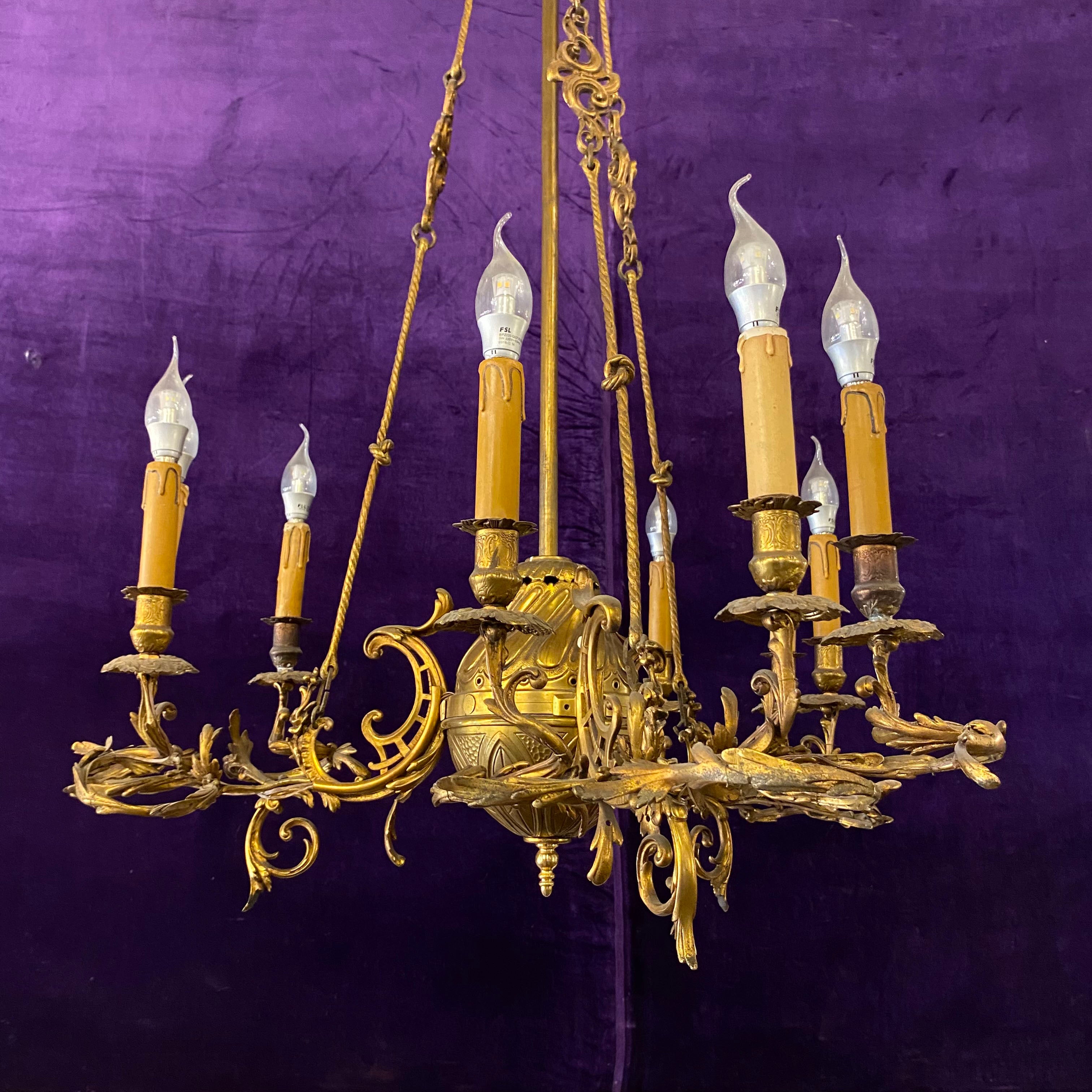 Antique Polished Brass Gasolier Chandelier