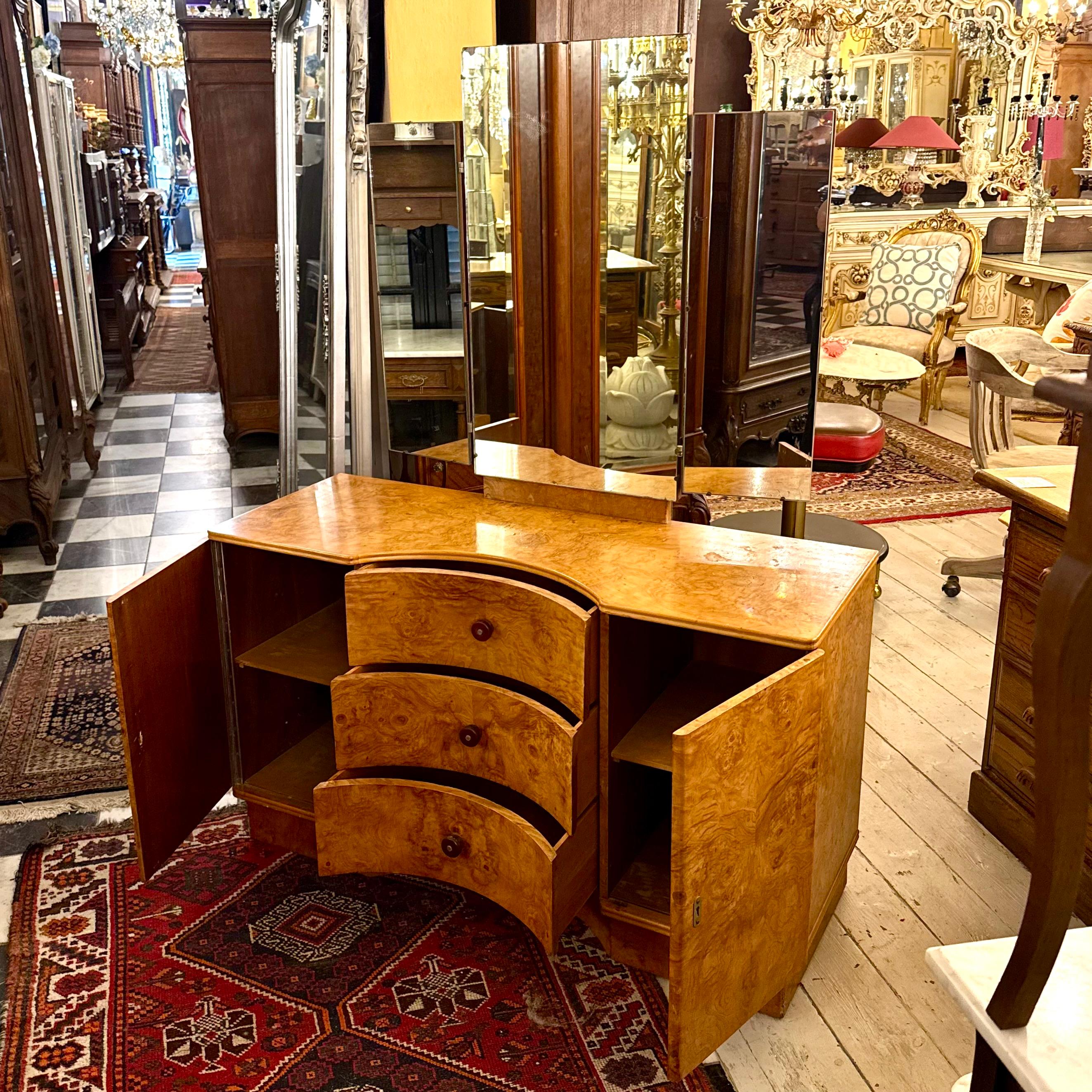 Art Deco Curved Burr Walnut Dressing Table with Triptych Mirror