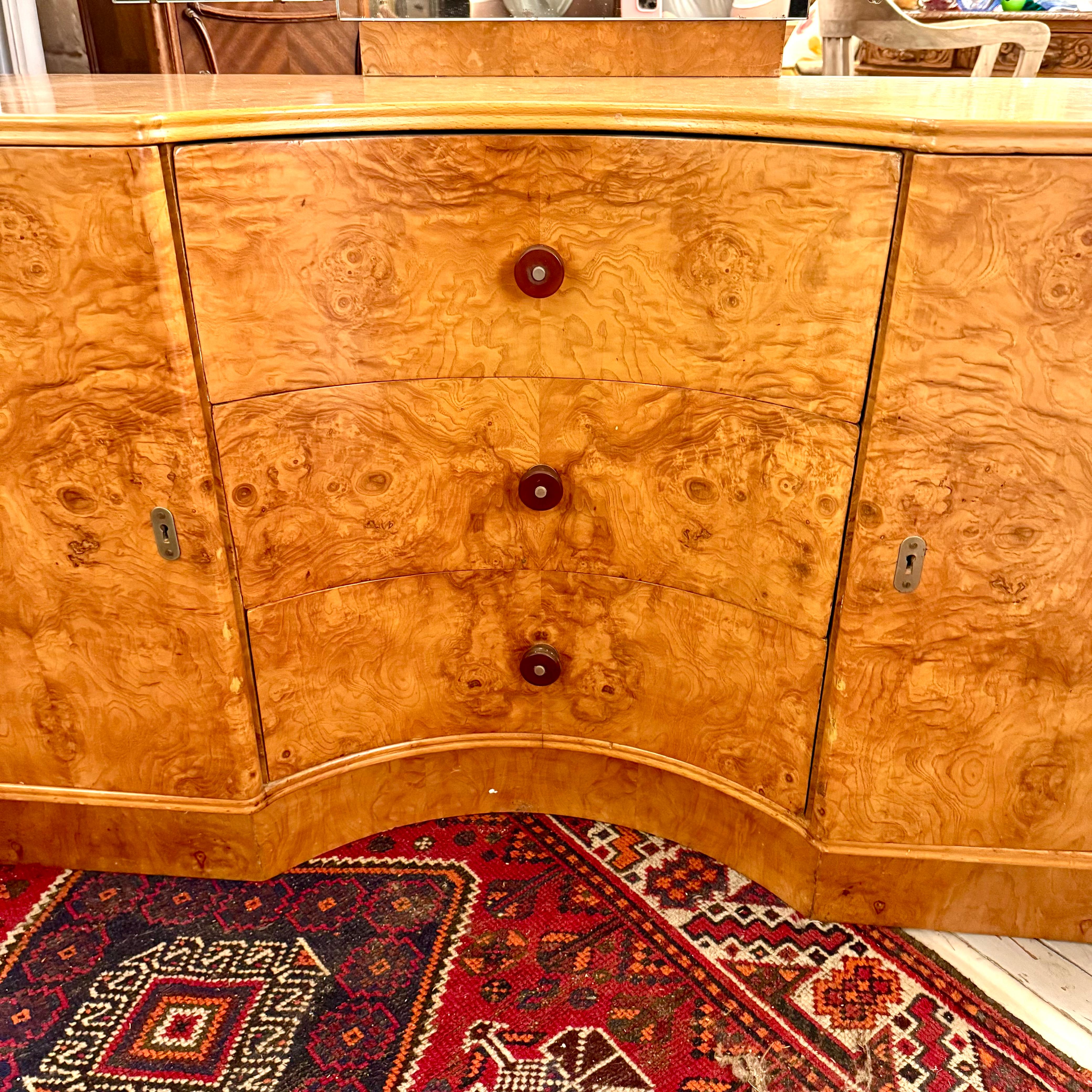 Art Deco Curved Burr Walnut Dressing Table with Triptych Mirror
