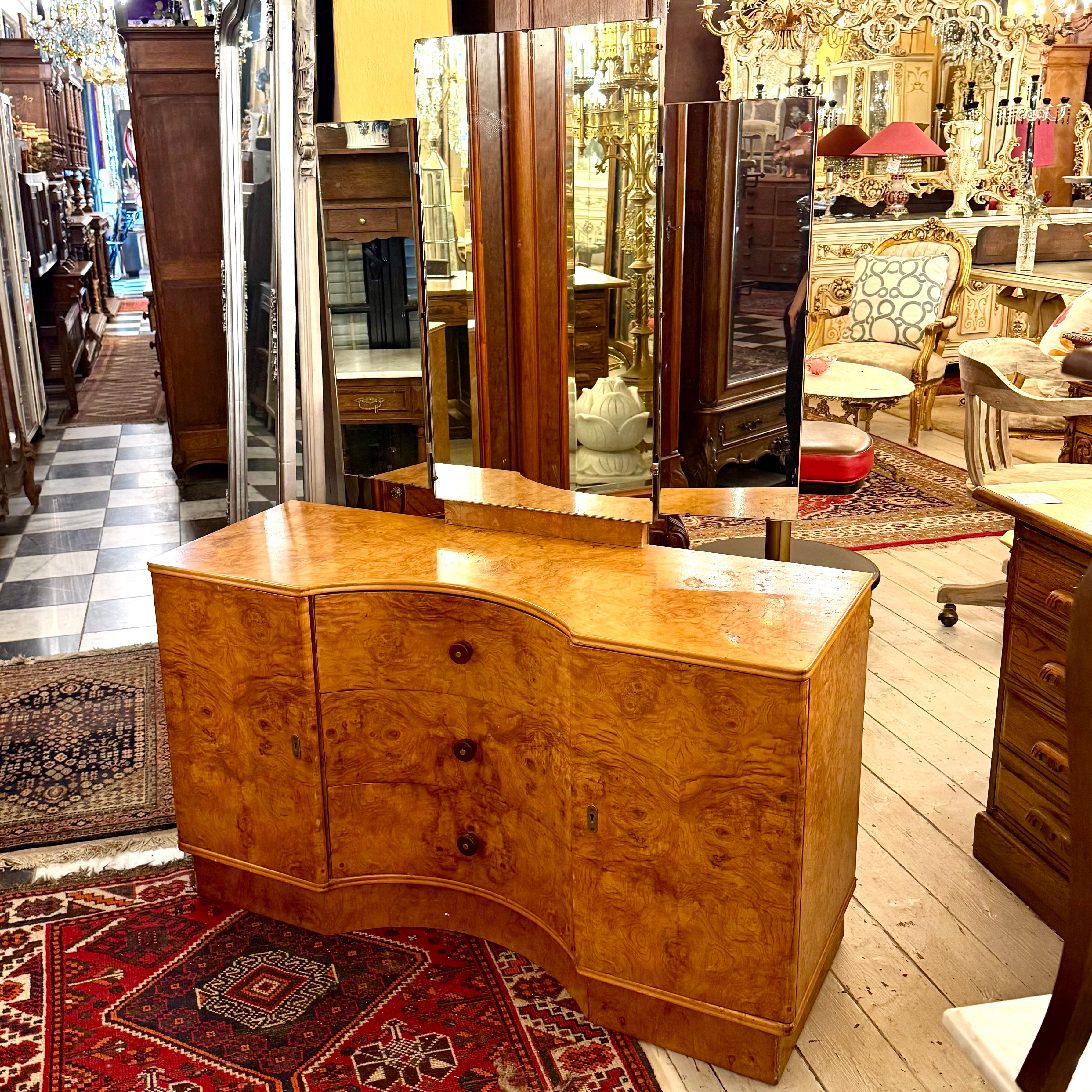 Art Deco Curved Burr Walnut Dressing Table with Triptych Mirror